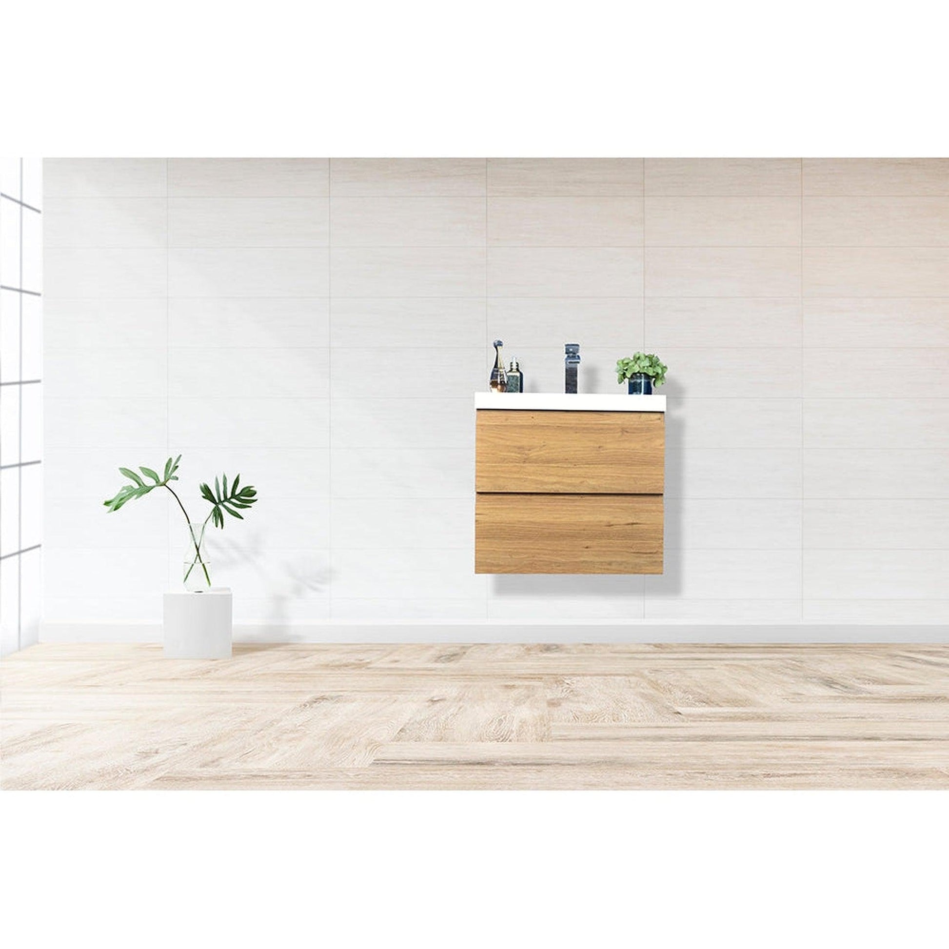 Moreno Bath Bohemia Lina 24" Nature Oak Wall-Mounted Vanity With Single Reinforced White Acrylic Sink