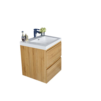 Moreno Bath Bohemia Lina 24" Nature Oak Wall-Mounted Vanity With Single Reinforced White Acrylic Sink