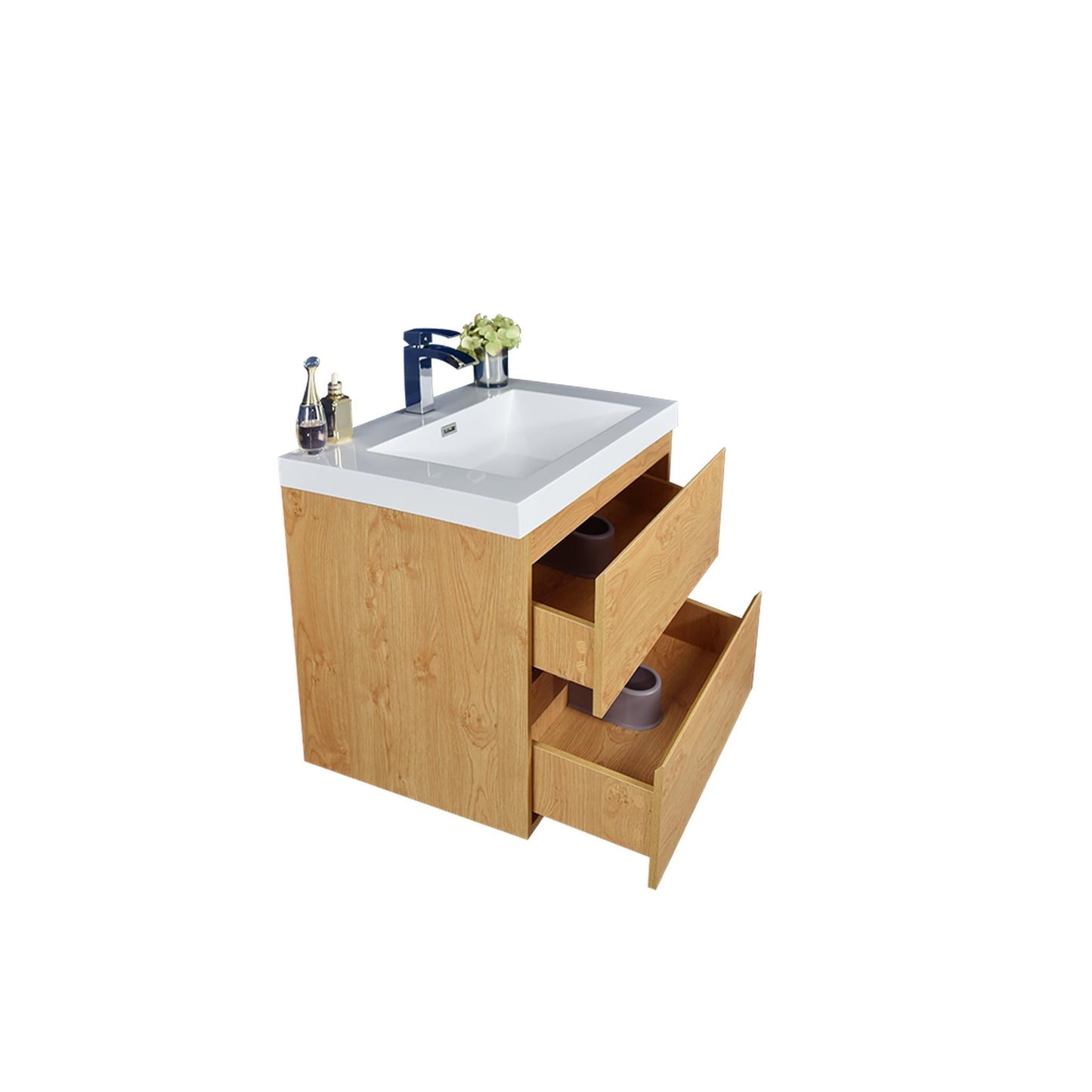 Moreno Bath Bohemia Lina 24" New England Oak Wall-Mounted Vanity With Single Reinforced White Acrylic Sink