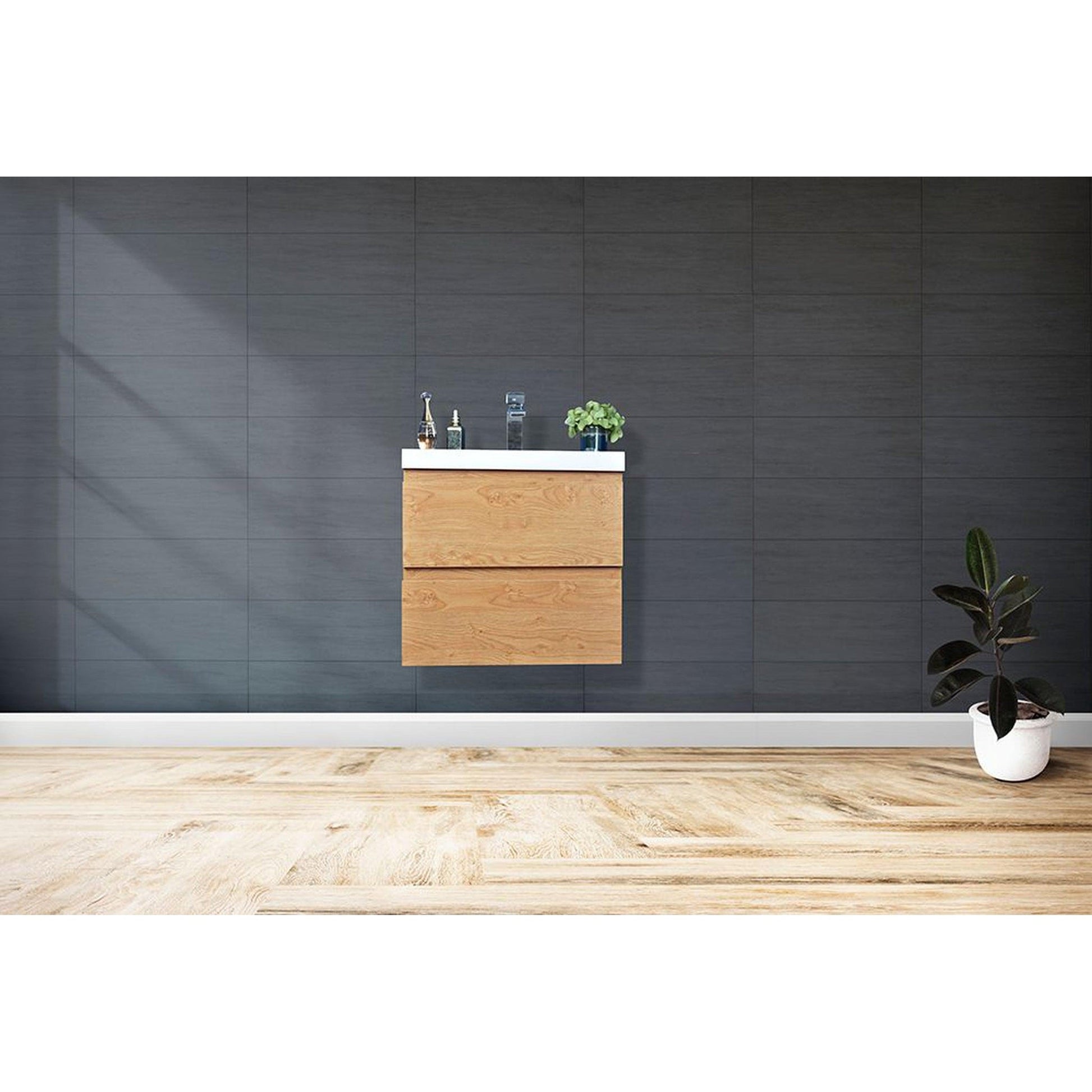 Moreno Bath Bohemia Lina 24" New England Oak Wall-Mounted Vanity With Single Reinforced White Acrylic Sink