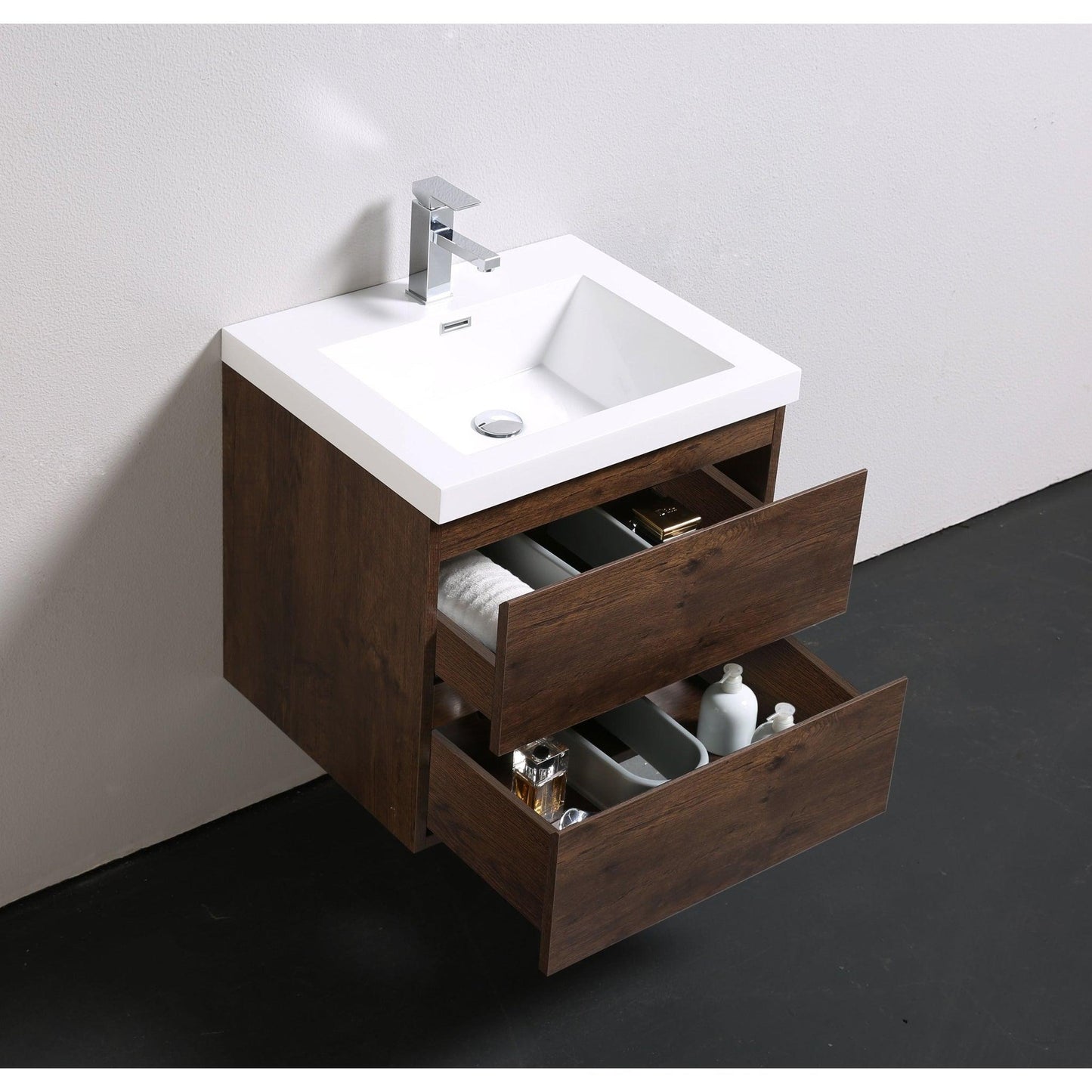 Moreno Bath Bohemia Lina 24" Rosewood Wall-Mounted Vanity With Single Reinforced White Acrylic Sink