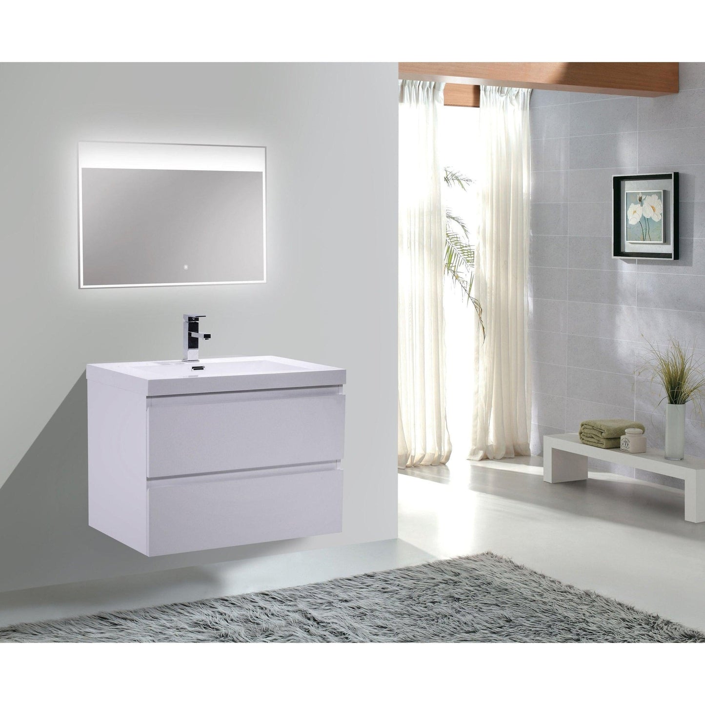 Moreno Bath Bohemia Lina 30" High Gloss White Wall-Mounted Vanity With Single Reinforced White Acrylic Sink