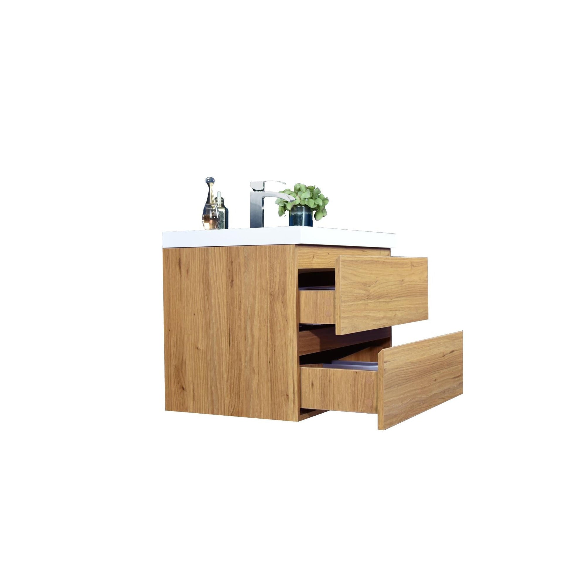 Moreno Bath Bohemia Lina 30" Nature Oak Wall-Mounted Vanity With Single Reinforced White Acrylic Sink