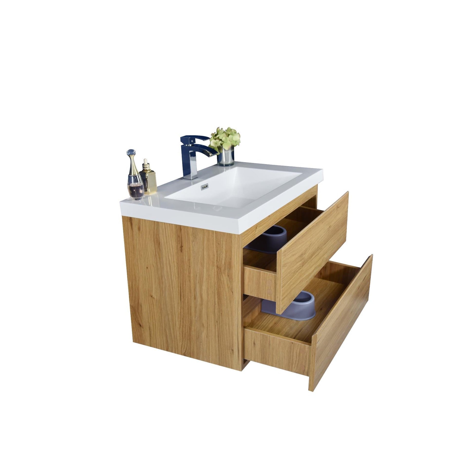 Moreno Bath Bohemia Lina 30" Nature Oak Wall-Mounted Vanity With Single Reinforced White Acrylic Sink