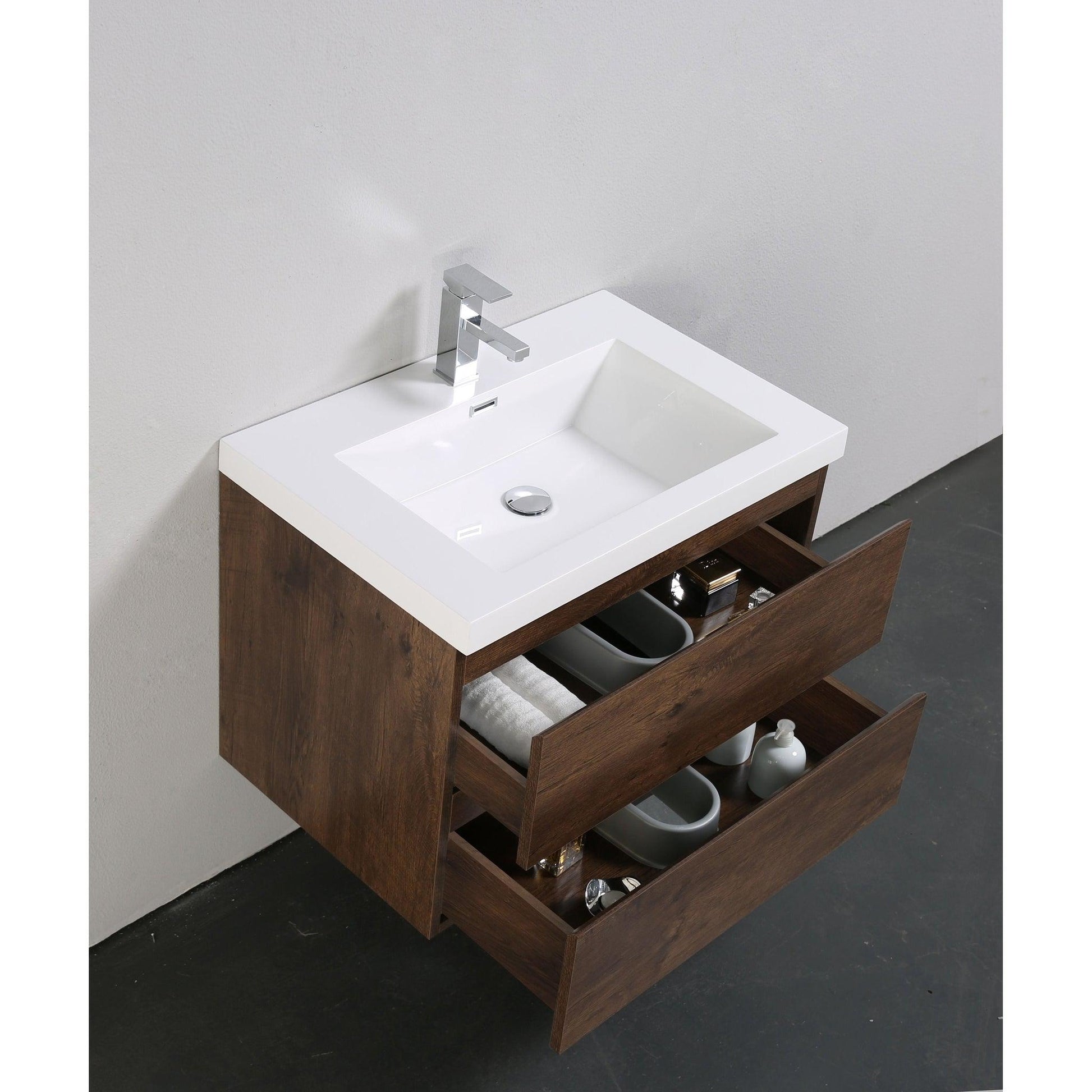 Moreno Bath Bohemia Lina 30" Rosewood Wall-Mounted Vanity With Single Reinforced White Acrylic Sink