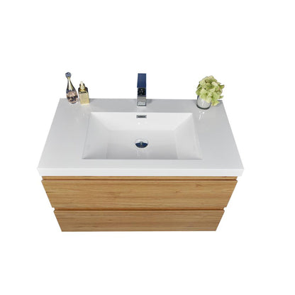 Moreno Bath Bohemia Lina 36" Nature Oak Wall-Mounted Vanity With Single Reinforced White Acrylic Sink