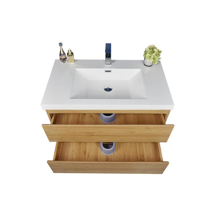 Moreno Bath Bohemia Lina 36" Nature Oak Wall-Mounted Vanity With Single Reinforced White Acrylic Sink