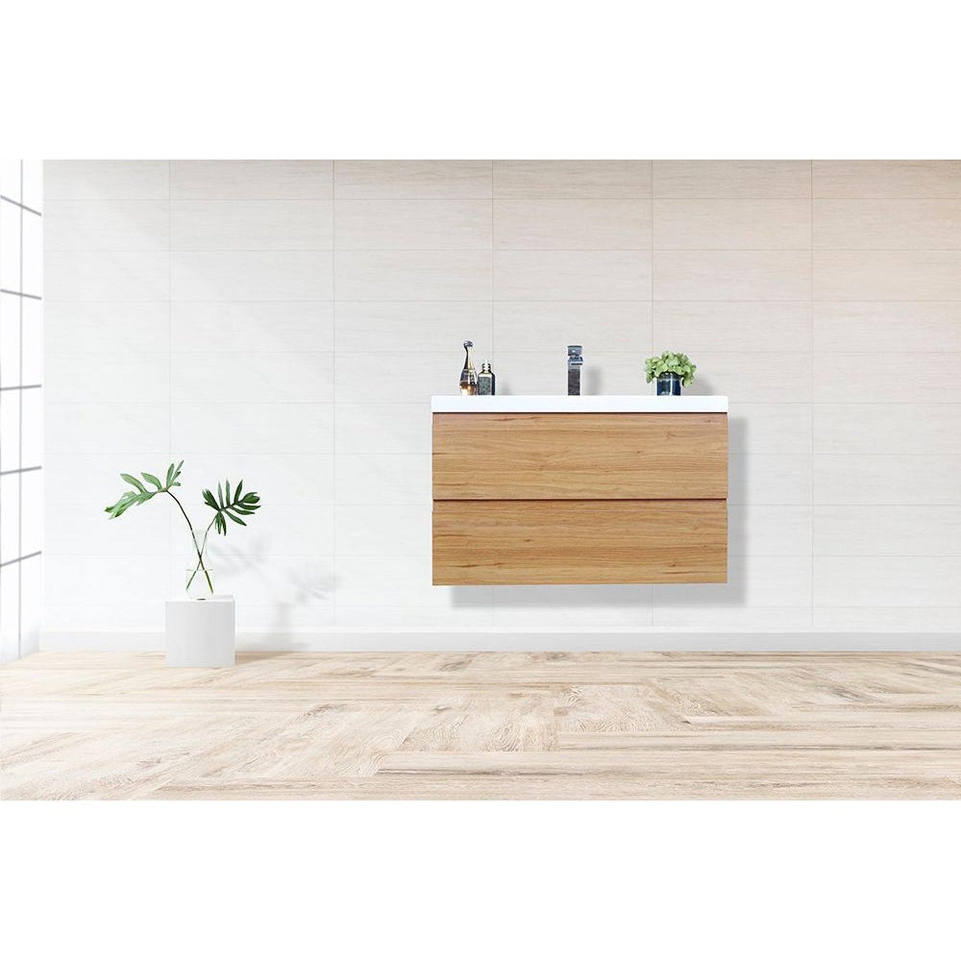 Moreno Bath Bohemia Lina 36" Nature Oak Wall-Mounted Vanity With Single Reinforced White Acrylic Sink