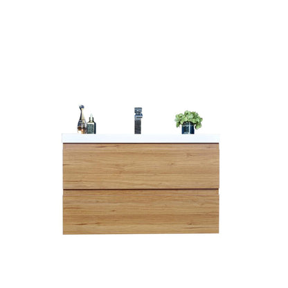 Moreno Bath Bohemia Lina 36" Nature Oak Wall-Mounted Vanity With Single Reinforced White Acrylic Sink