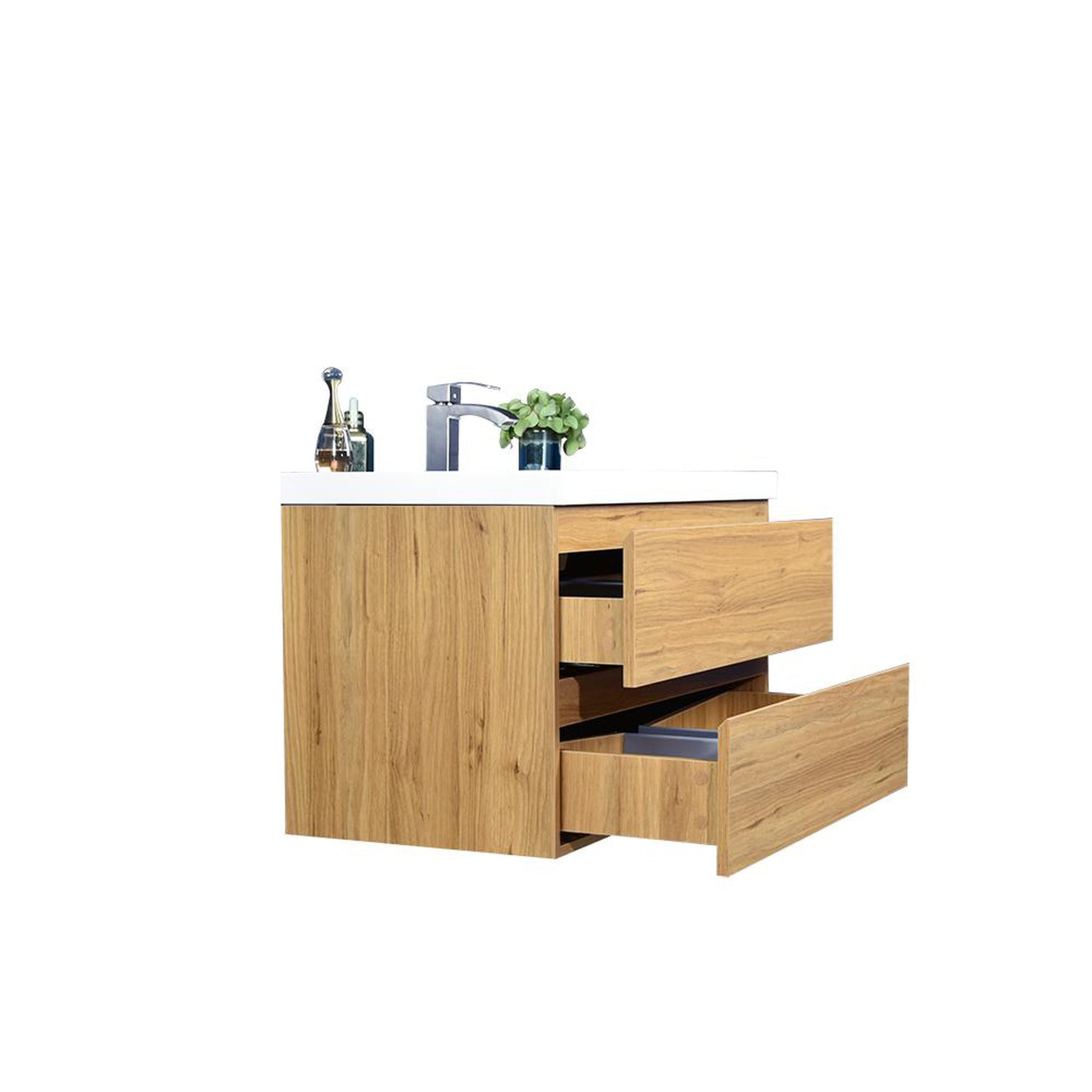 Moreno Bath Bohemia Lina 36" Nature Oak Wall-Mounted Vanity With Single Reinforced White Acrylic Sink