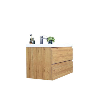 Moreno Bath Bohemia Lina 36" Nature Oak Wall-Mounted Vanity With Single Reinforced White Acrylic Sink