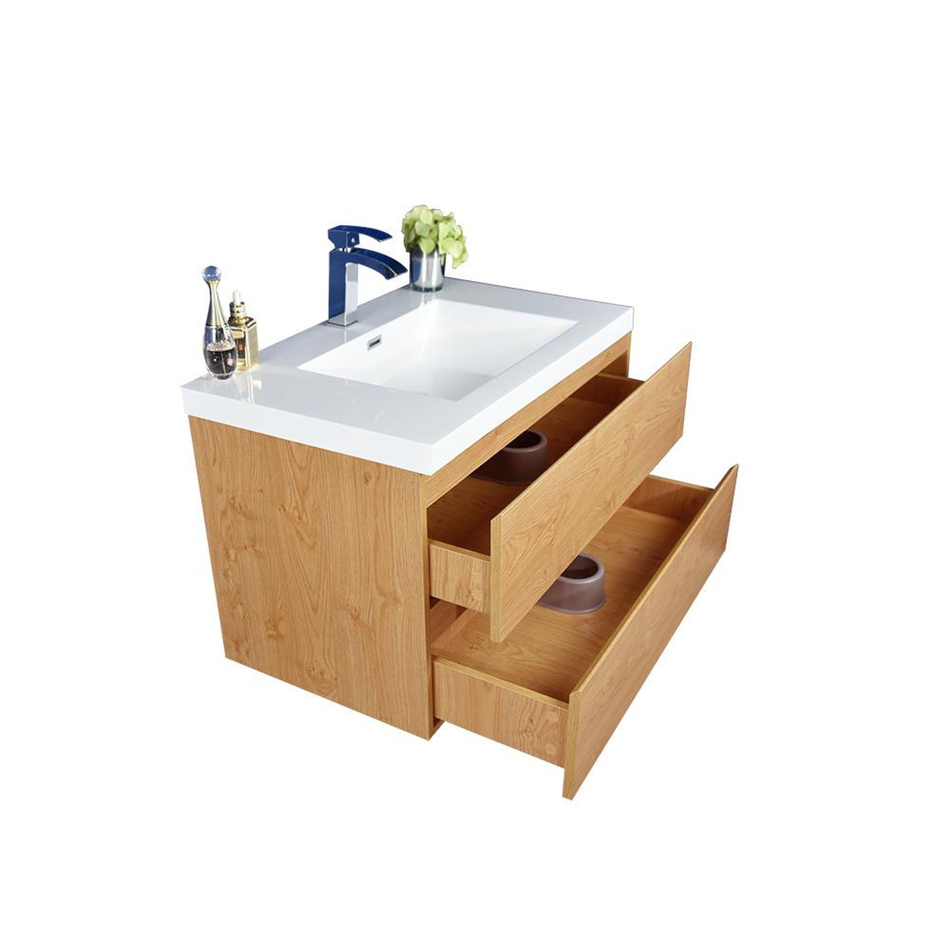 Moreno Bath Bohemia Lina 36" New England Oak Wall-Mounted Vanity With Single Reinforced White Acrylic Sink