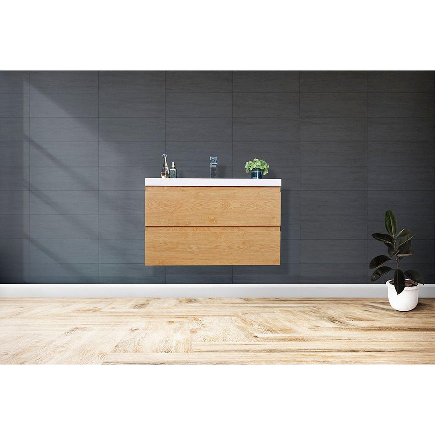 Moreno Bath Bohemia Lina 36" New England Oak Wall-Mounted Vanity With Single Reinforced White Acrylic Sink