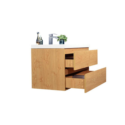 Moreno Bath Bohemia Lina 36" New England Oak Wall-Mounted Vanity With Single Reinforced White Acrylic Sink