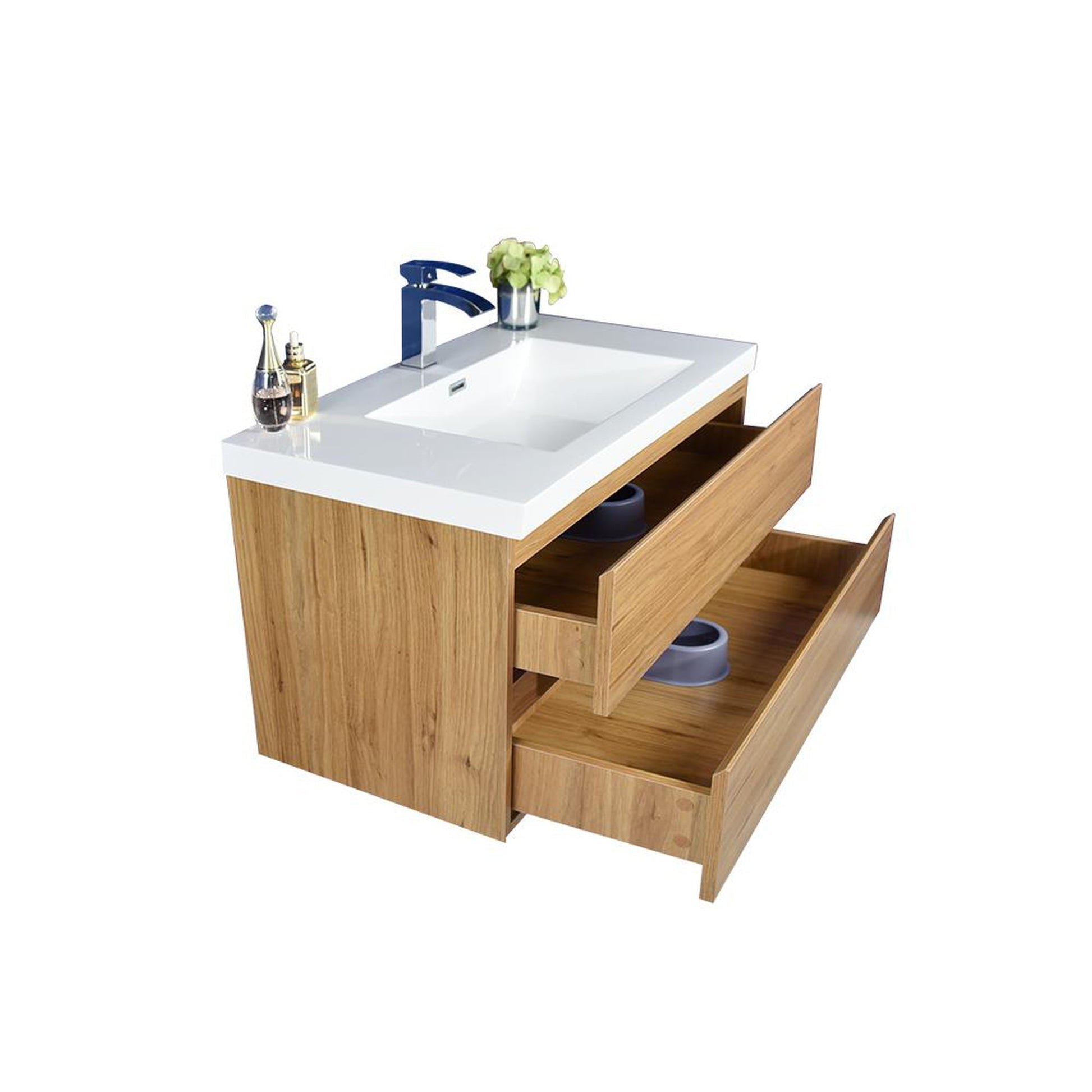 Moreno Bath Bohemia Lina 42" Nature Oak Wall-Mounted Vanity With Single Reinforced White Acrylic Sink