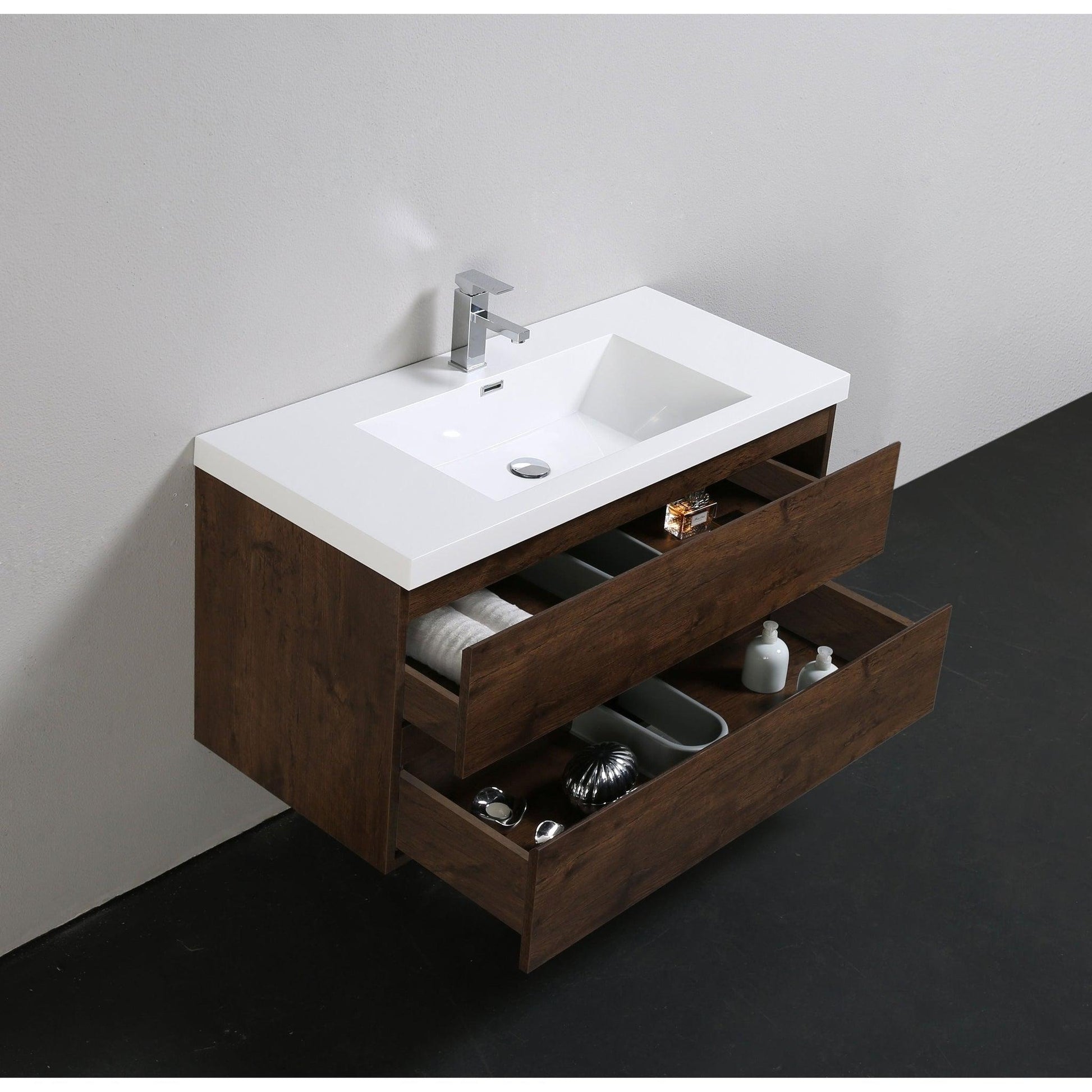 Moreno Bath Bohemia Lina 42" Rosewood Wall-Mounted Vanity With Single Reinforced White Acrylic Sink