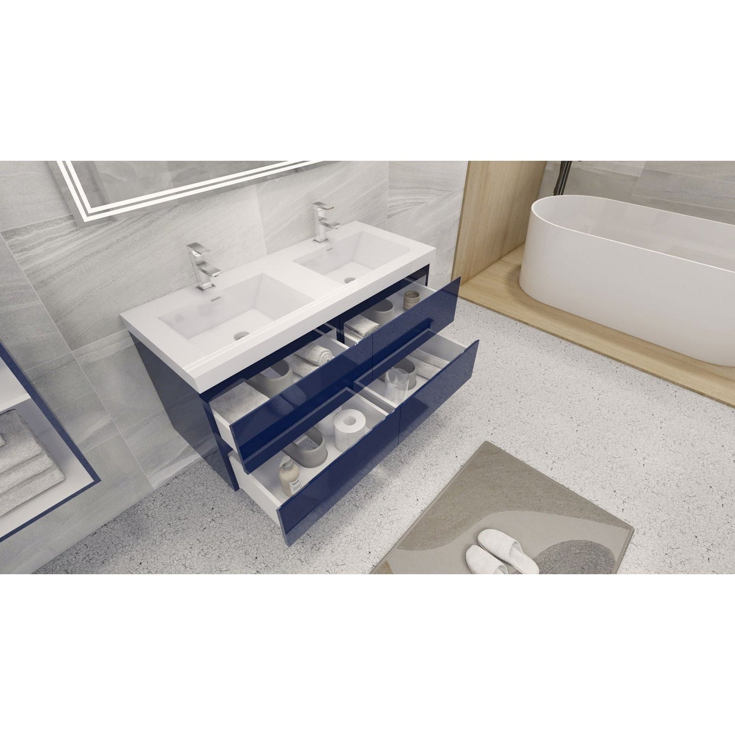 Moreno Bath Bohemia Lina 48" High Gloss Night Blue Wall-Mounted Vanity With Double Reinforced White Acrylic Sinks