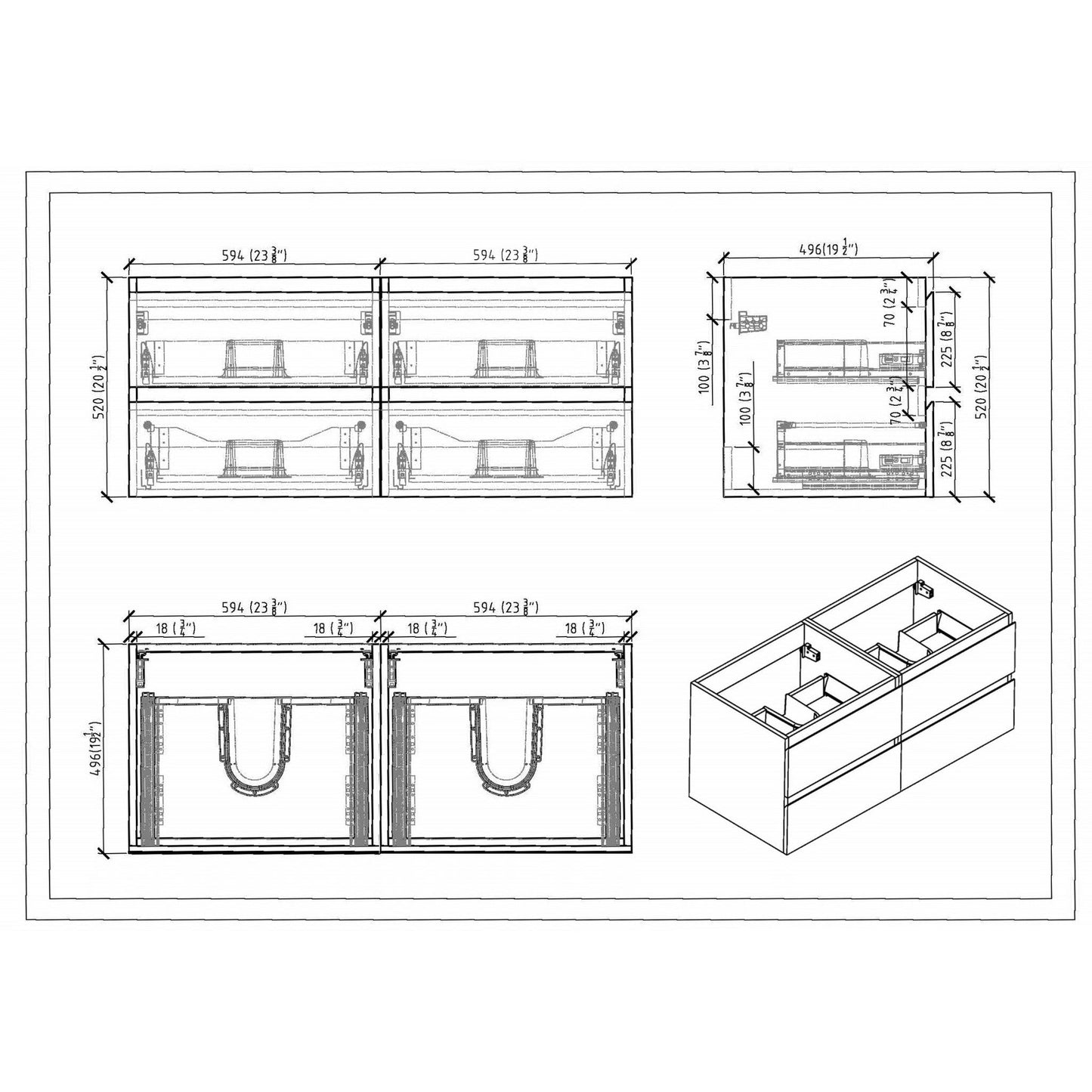 Moreno Bath Bohemia Lina 48" Nature Oak Wall-Mounted Vanity With Double Reinforced White Acrylic Sinks