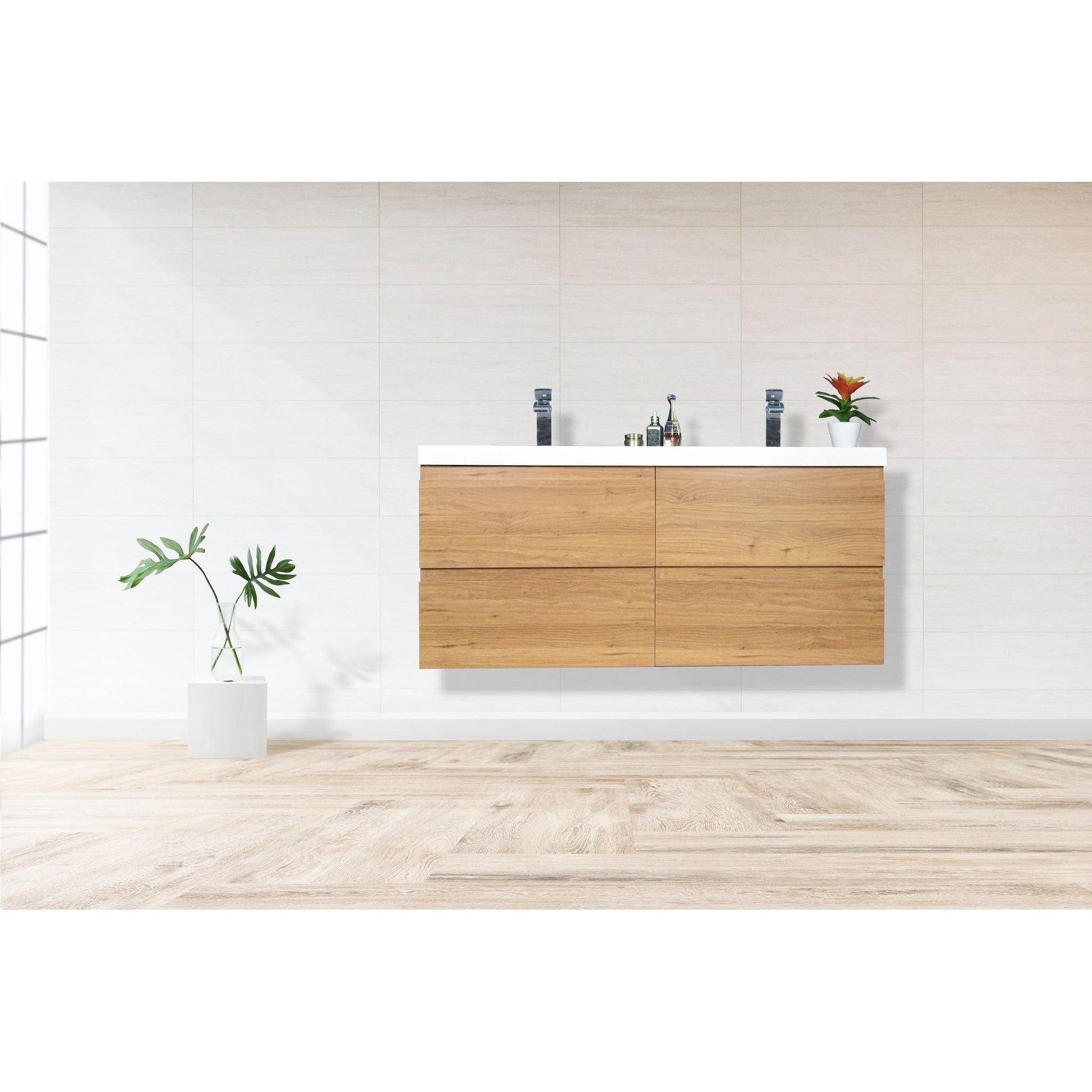 Moreno Bath Bohemia Lina 48" Nature Oak Wall-Mounted Vanity With Double Reinforced White Acrylic Sinks