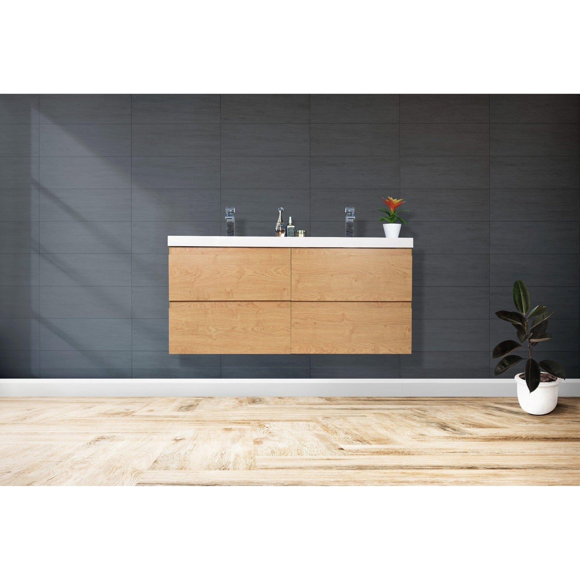 Moreno Bath Bohemia Lina 48" New England Oak Wall-Mounted Vanity With Double Reinforced White Acrylic Sinks