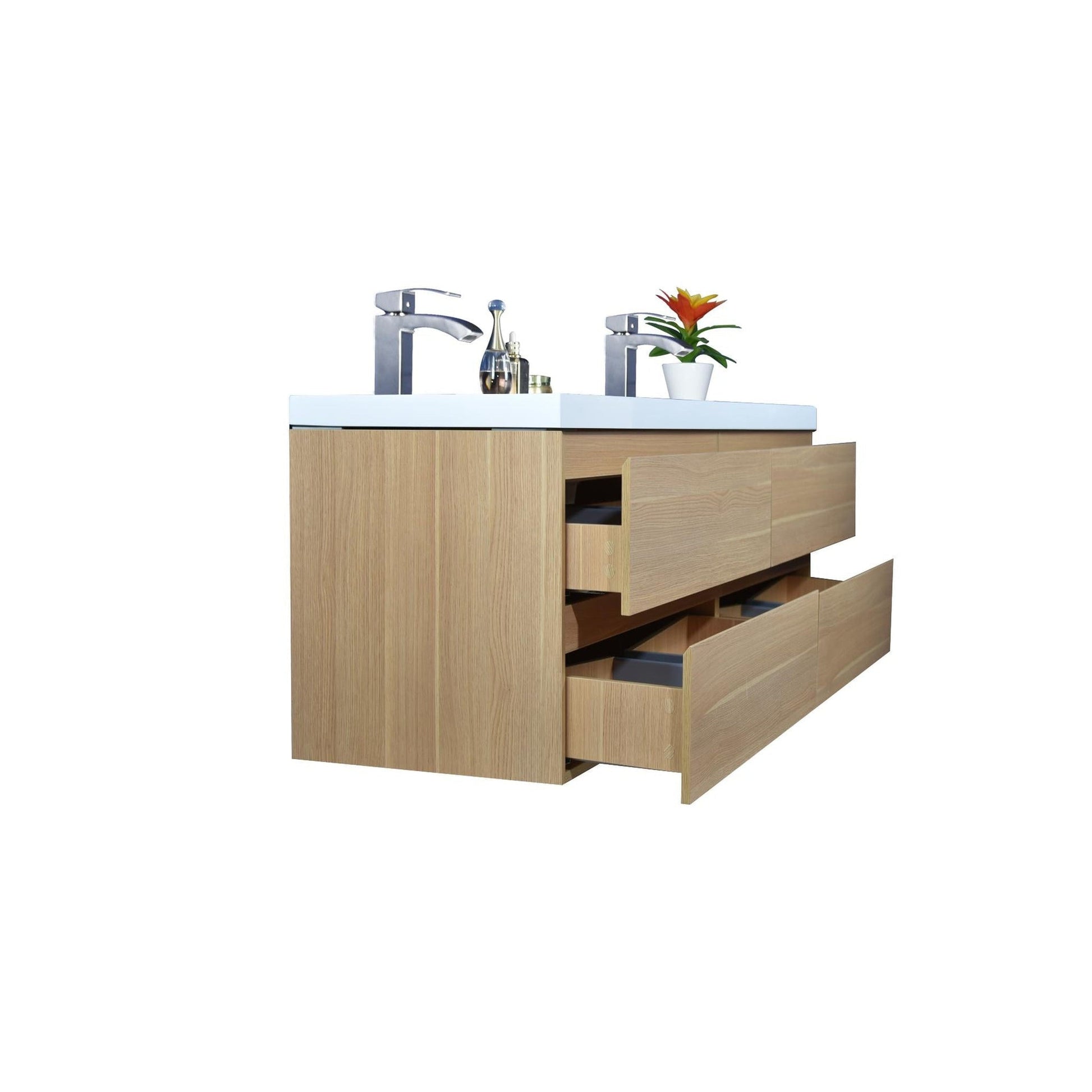 Moreno Bath Bohemia Lina 48" White Oak Wall-Mounted Vanity With Double Reinforced White Acrylic Sinks