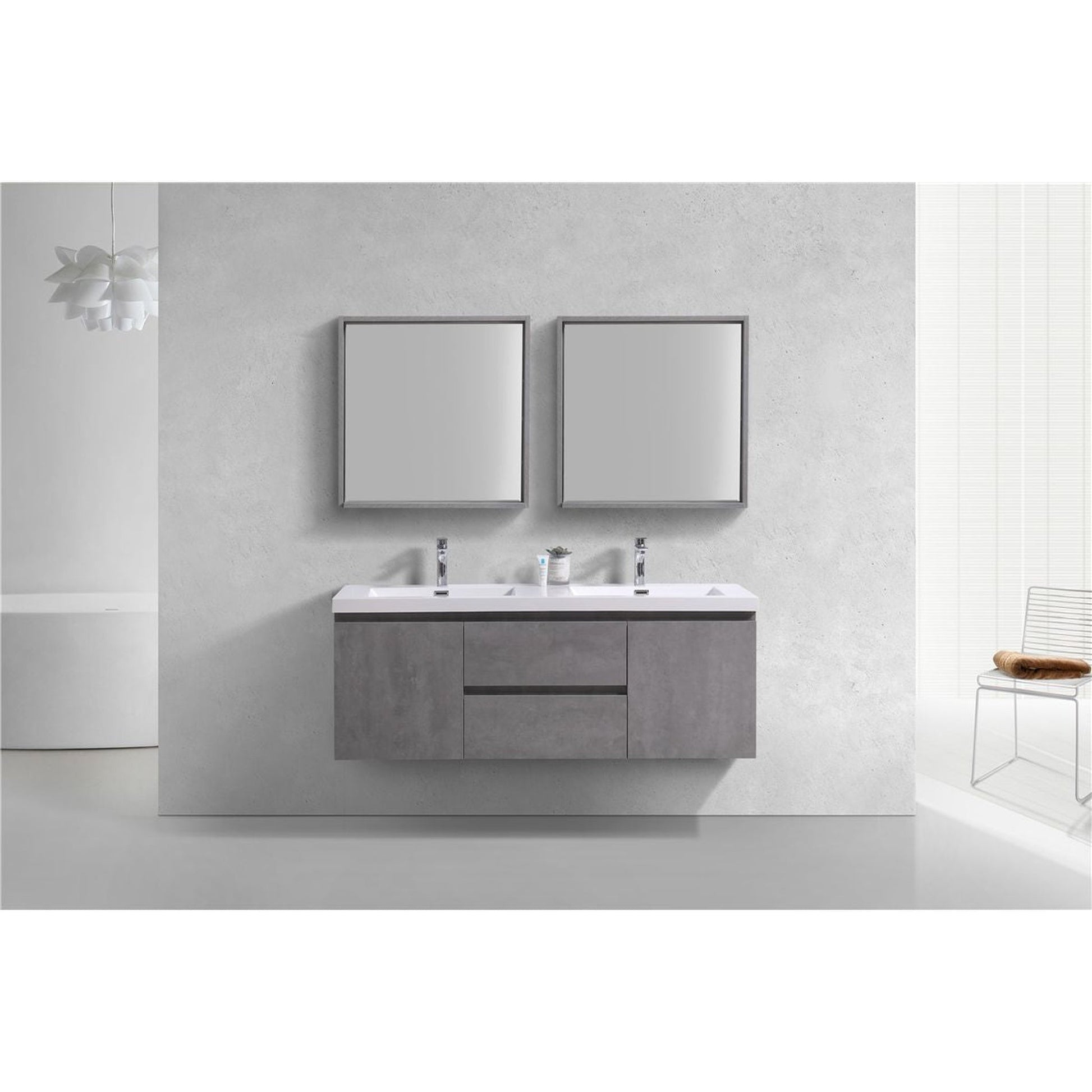 Moreno Bath Bohemia Lina 60" Cement Gray Wall-Mounted Vanity With Double Reinforced White Acrylic Sinks