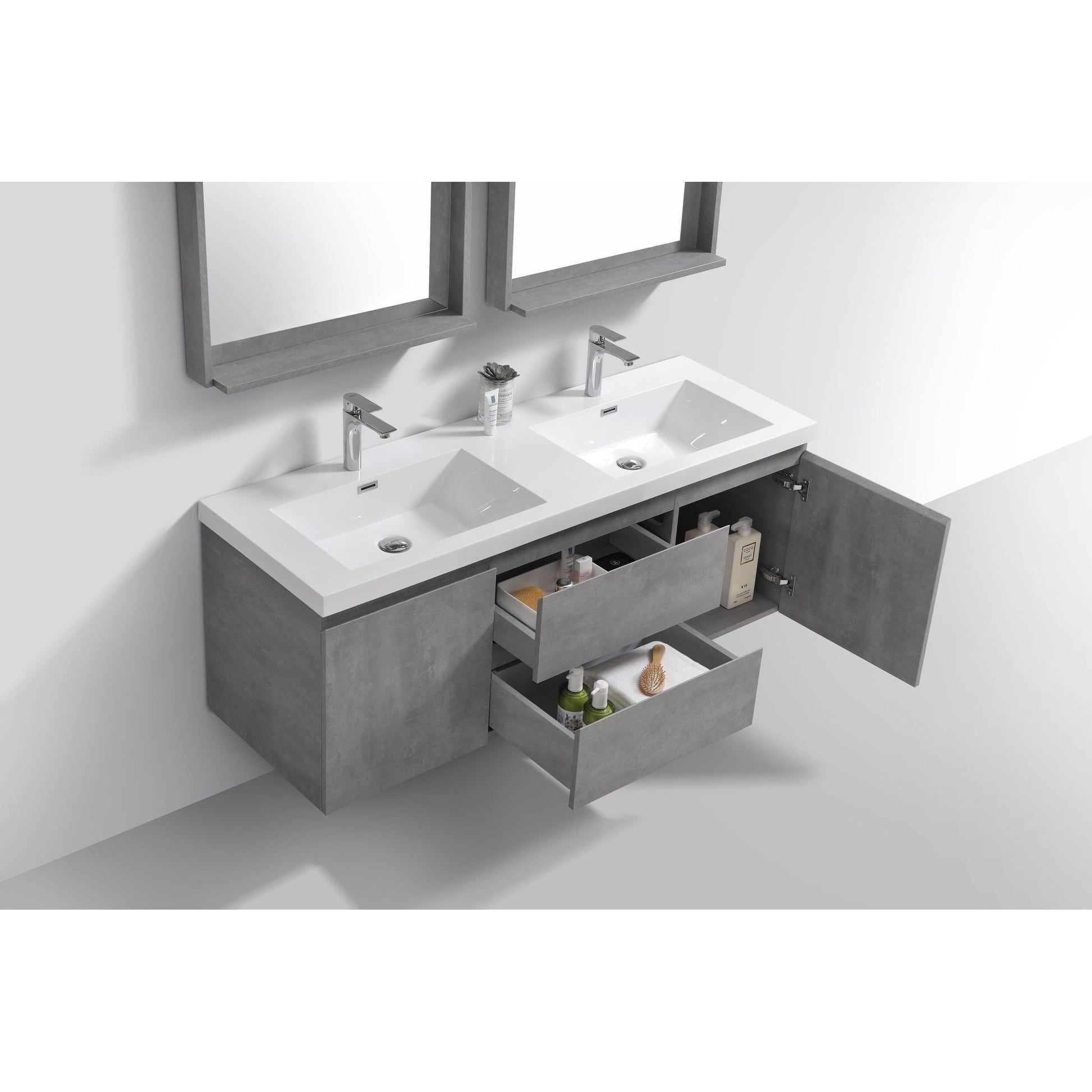 Moreno Bath Bohemia Lina 60" Cement Gray Wall-Mounted Vanity With Double Reinforced White Acrylic Sinks