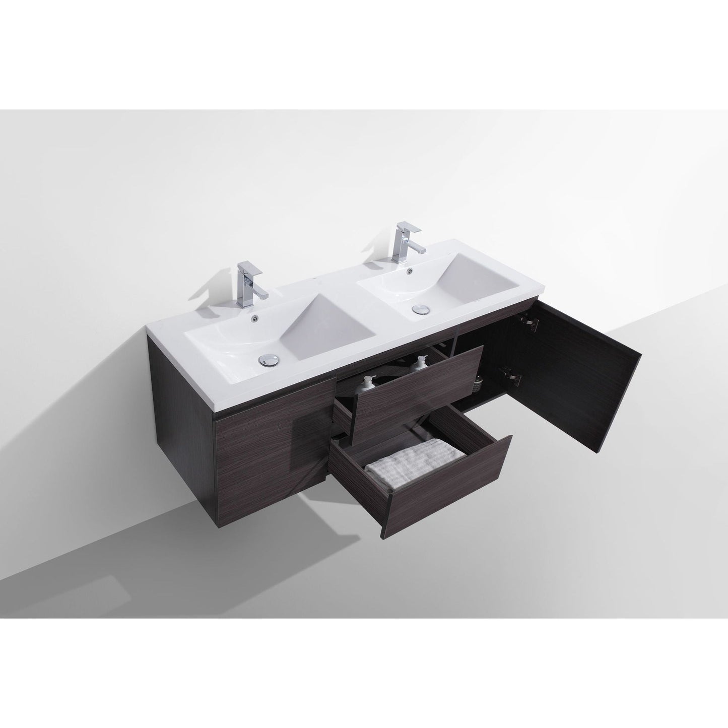 Moreno Bath Bohemia Lina 60" Dark Gray Oak Wall-Mounted Vanity With Double Reinforced White Acrylic Sinks