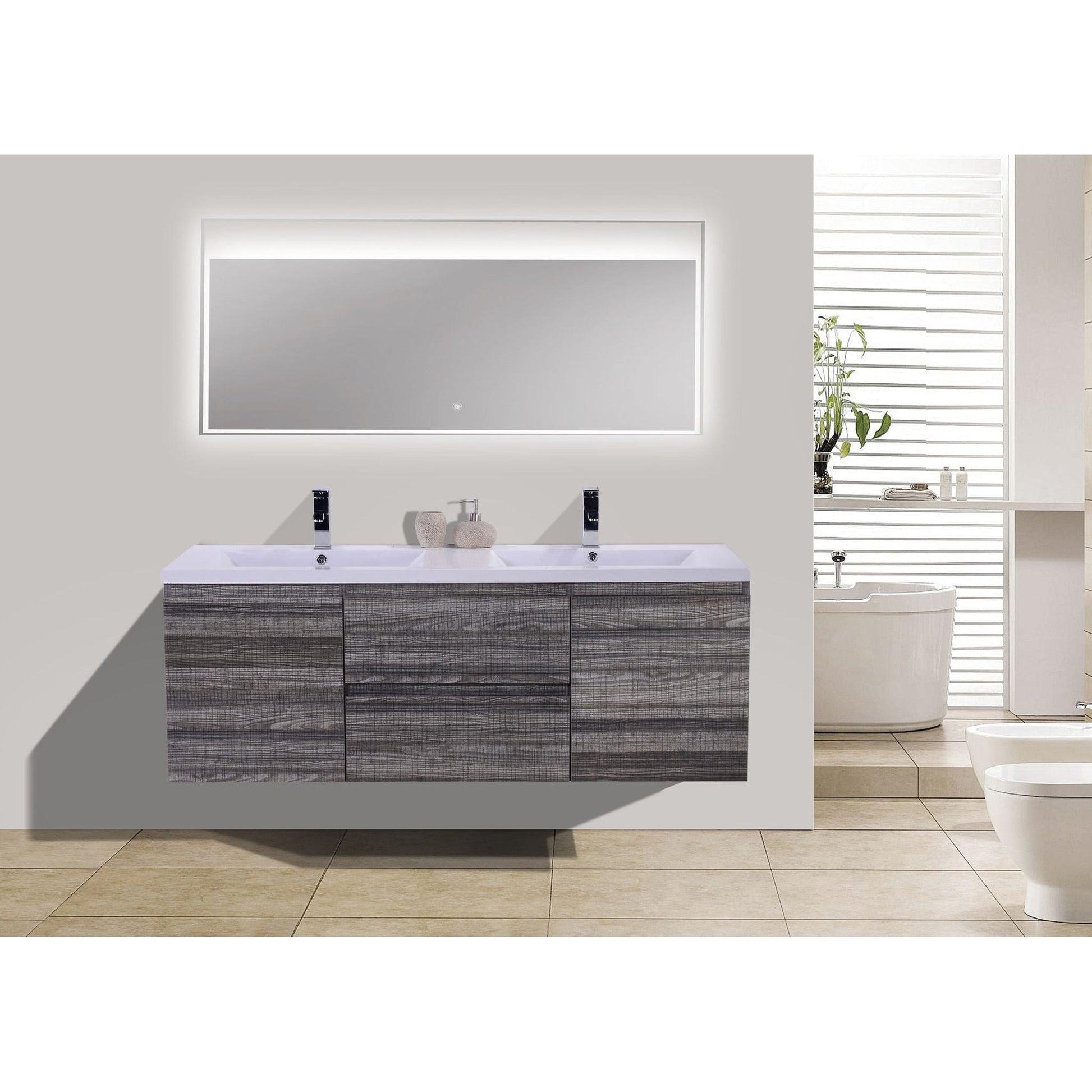 Moreno Bath Bohemia Lina 60" High Gloss Ash Gray Wall-Mounted Vanity With Double Reinforced White Acrylic Sinks