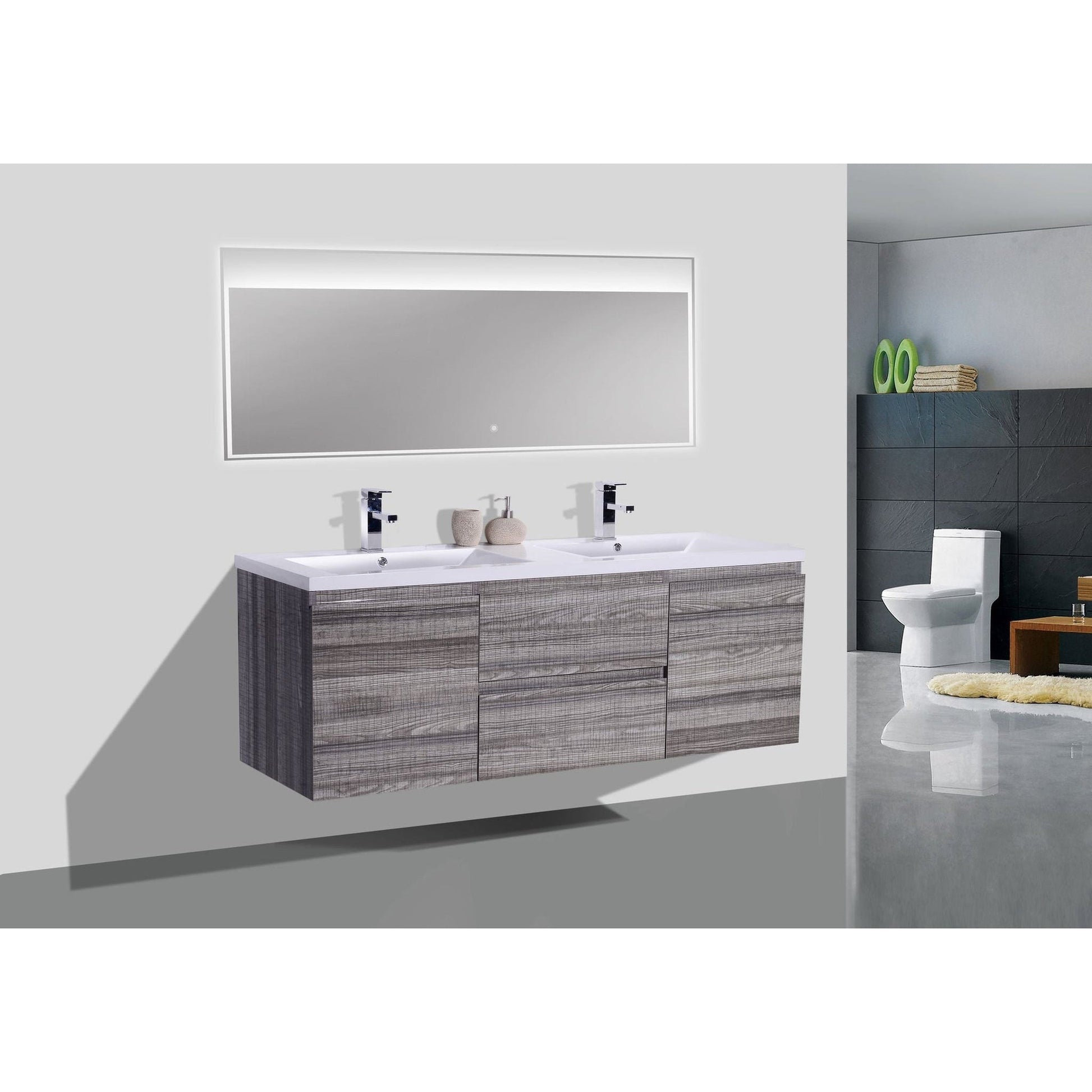 Moreno Bath Bohemia Lina 60" High Gloss Ash Gray Wall-Mounted Vanity With Double Reinforced White Acrylic Sinks