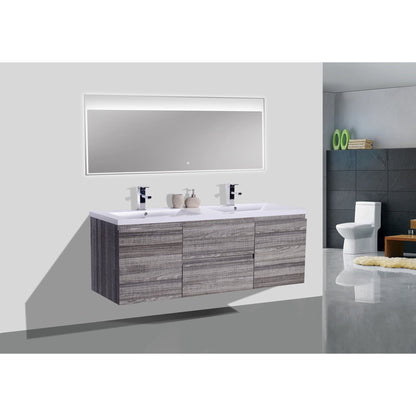 Moreno Bath Bohemia Lina 60" High Gloss Ash Gray Wall-Mounted Vanity With Double Reinforced White Acrylic Sinks