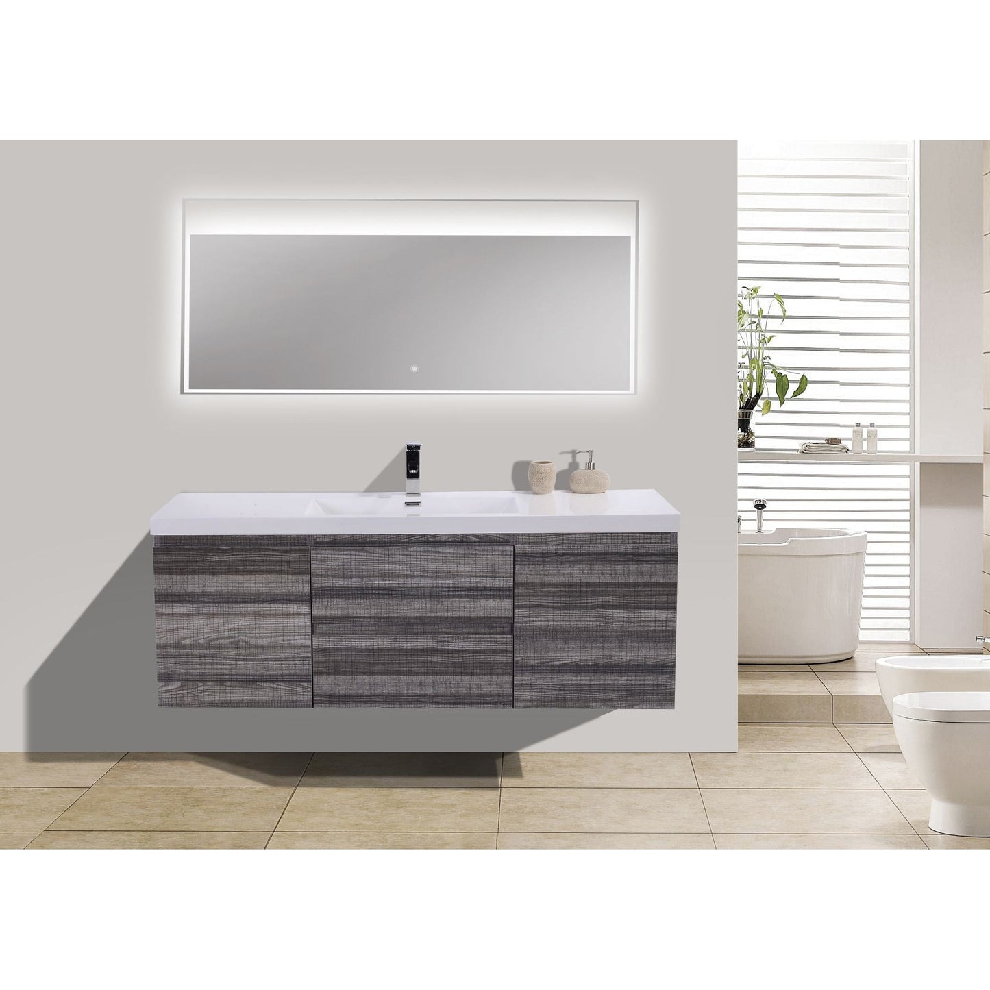 Moreno Bath Bohemia Lina 60" High Gloss Ash Gray Wall-Mounted Vanity With Single Reinforced White Acrylic Sink