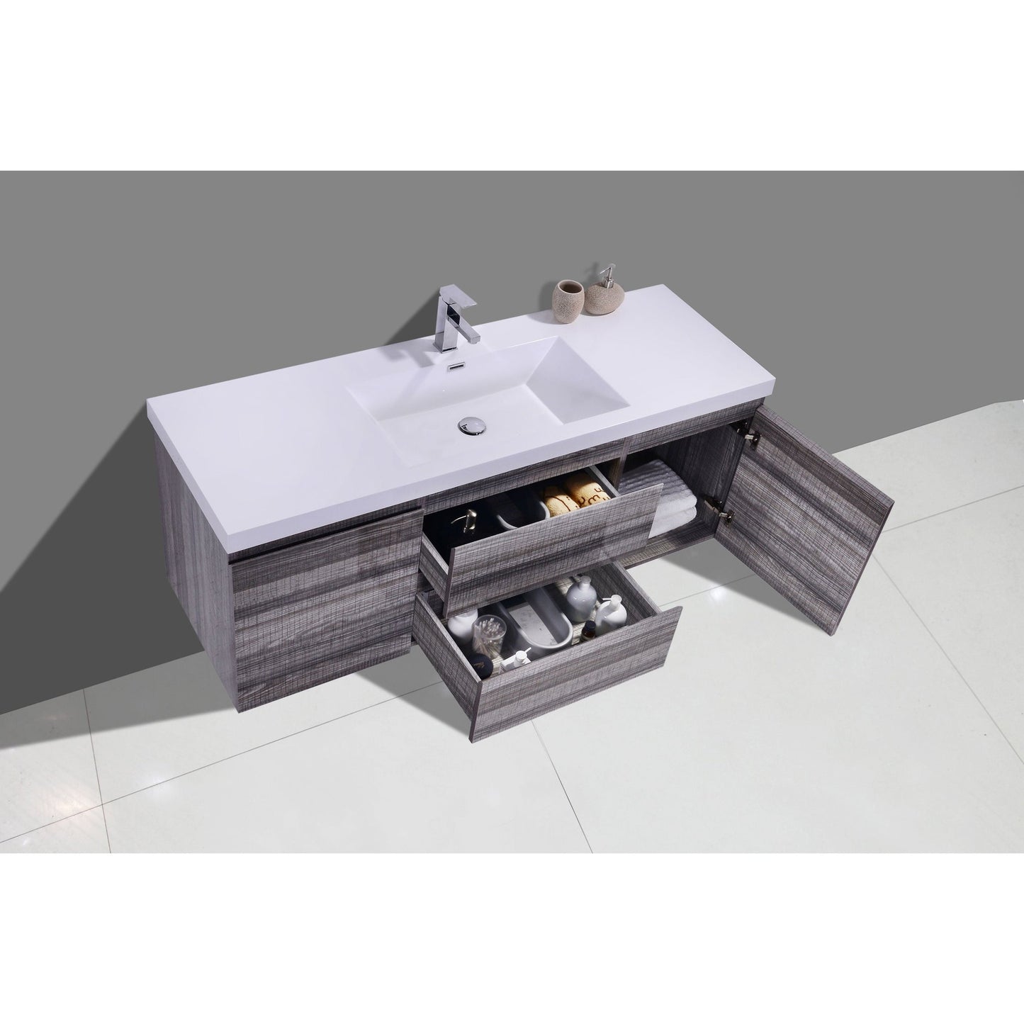 Moreno Bath Bohemia Lina 60" High Gloss Ash Gray Wall-Mounted Vanity With Single Reinforced White Acrylic Sink