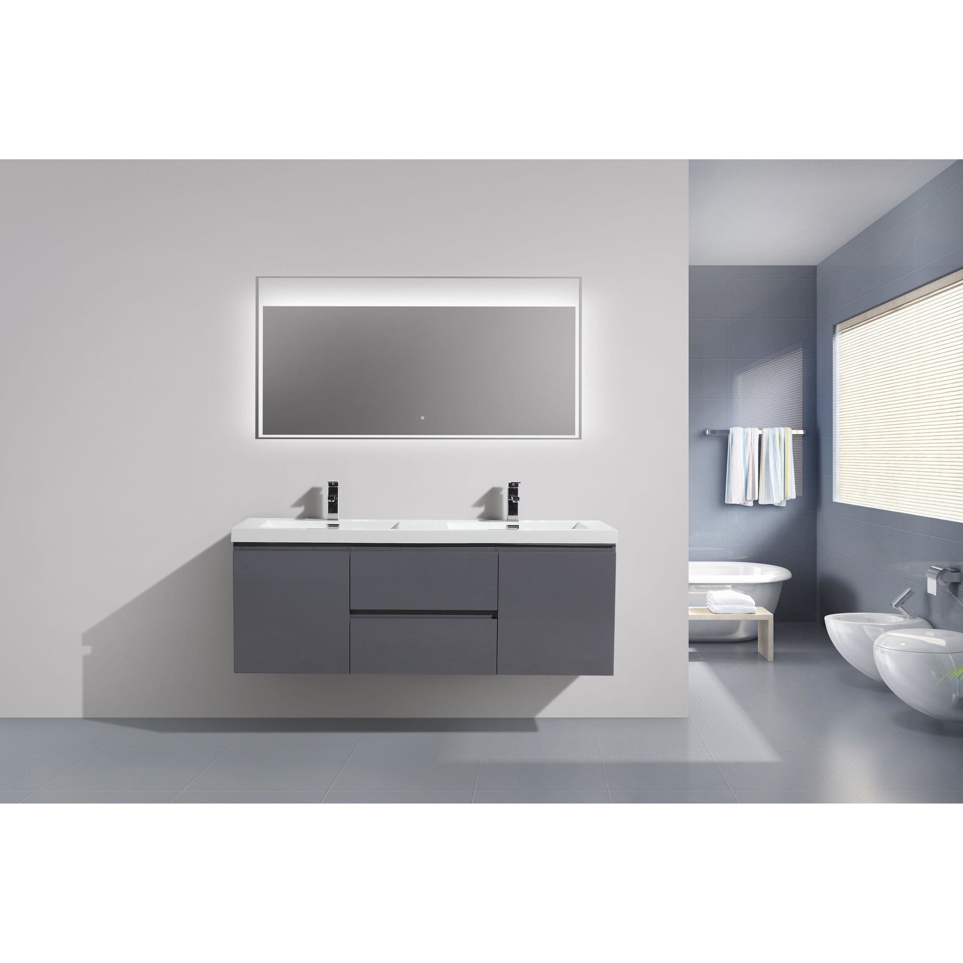 Moreno Bath Bohemia Lina 60" High Gloss Gray Wall-Mounted Vanity With Double Reinforced White Acrylic Sinks