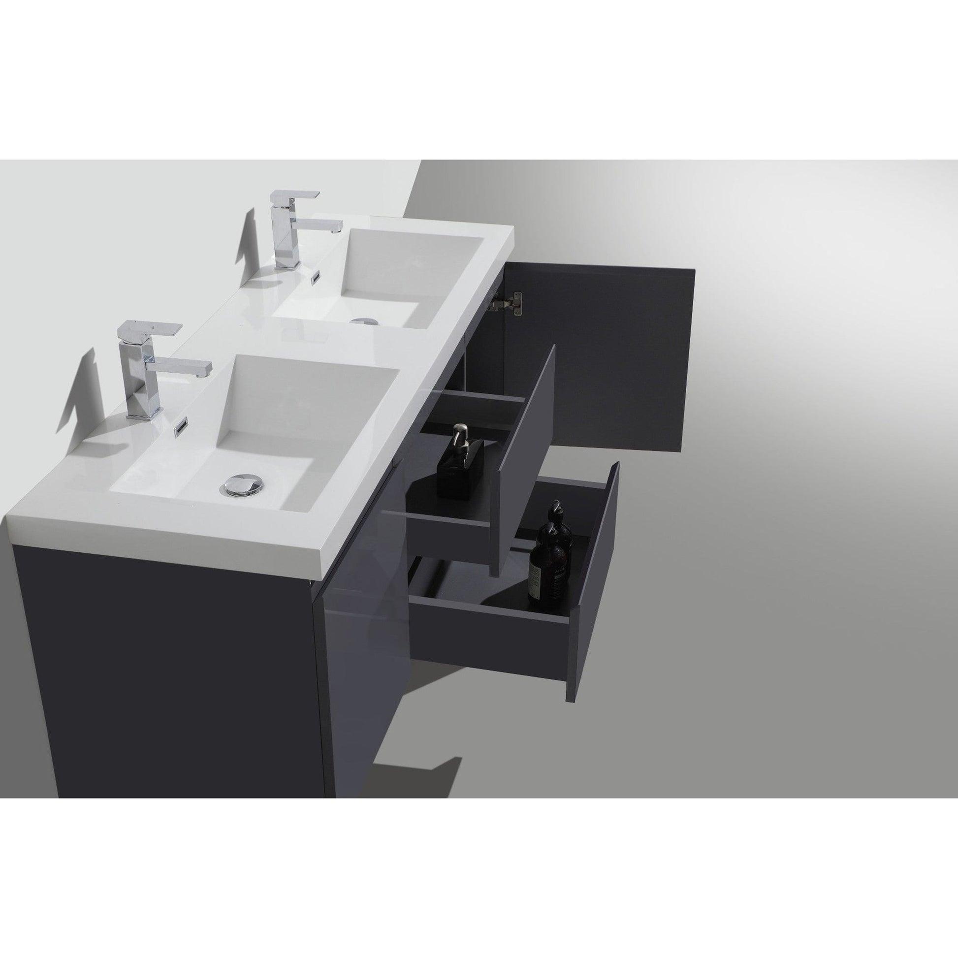 Moreno Bath Bohemia Lina 60" High Gloss Gray Wall-Mounted Vanity With Double Reinforced White Acrylic Sinks