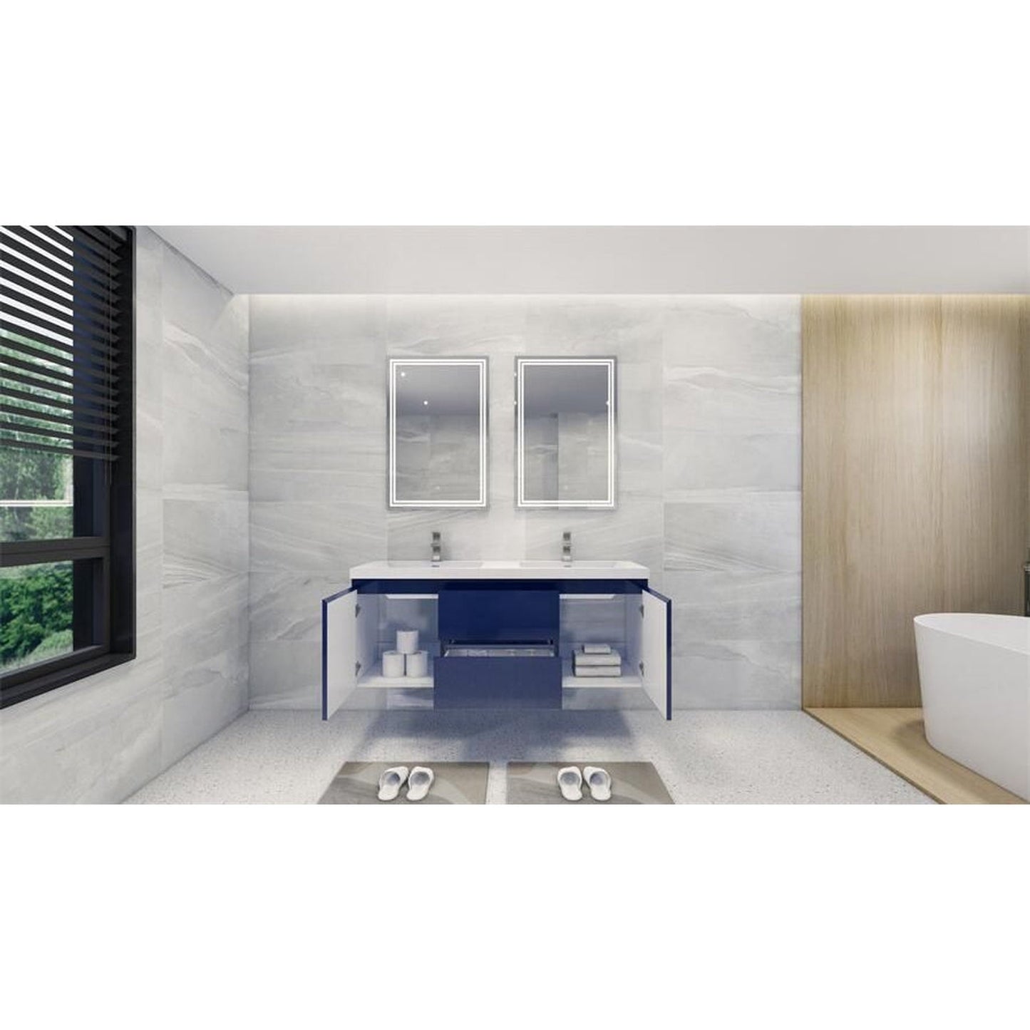 Moreno Bath Bohemia Lina 60" High Gloss Night Blue Wall-Mounted Vanity With Double Reinforced White Acrylic Sinks