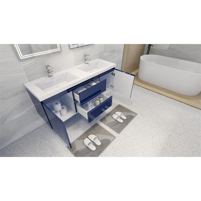 Moreno Bath Bohemia Lina 60" High Gloss Night Blue Wall-Mounted Vanity With Double Reinforced White Acrylic Sinks