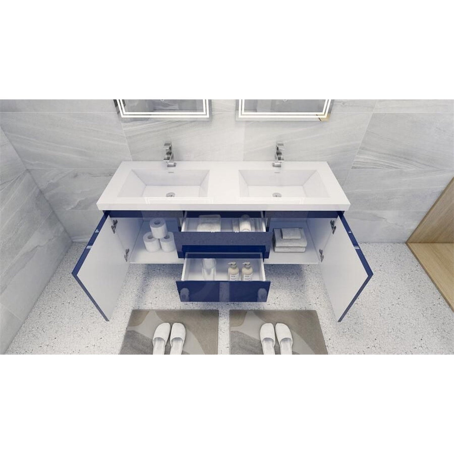 Moreno Bath Bohemia Lina 60" High Gloss Night Blue Wall-Mounted Vanity With Double Reinforced White Acrylic Sinks