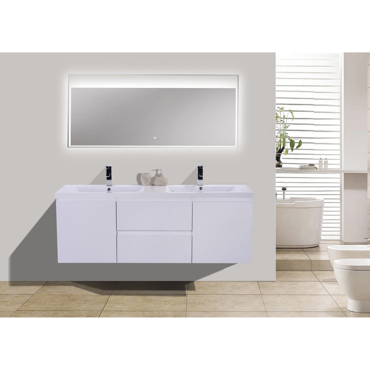 Moreno Bath Bohemia Lina 60" High Gloss White Wall-Mounted Vanity With Double Reinforced White Acrylic Sinks