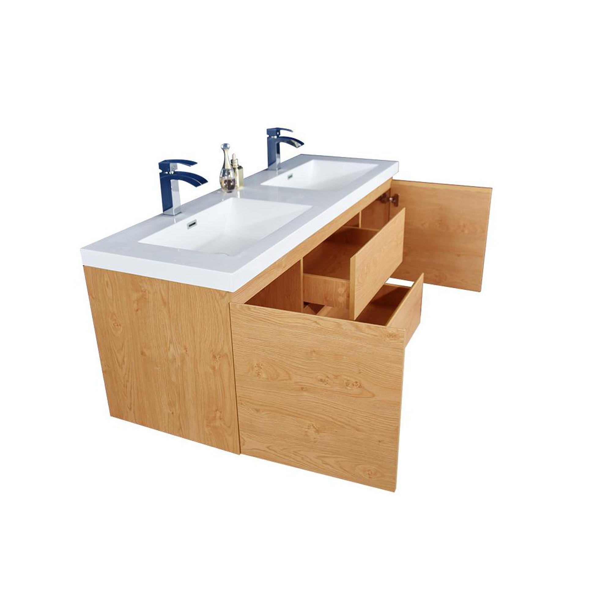 Moreno Bath Bohemia Lina 60" New England Oak Wall-Mounted Vanity With Double Reinforced White Acrylic Sinks