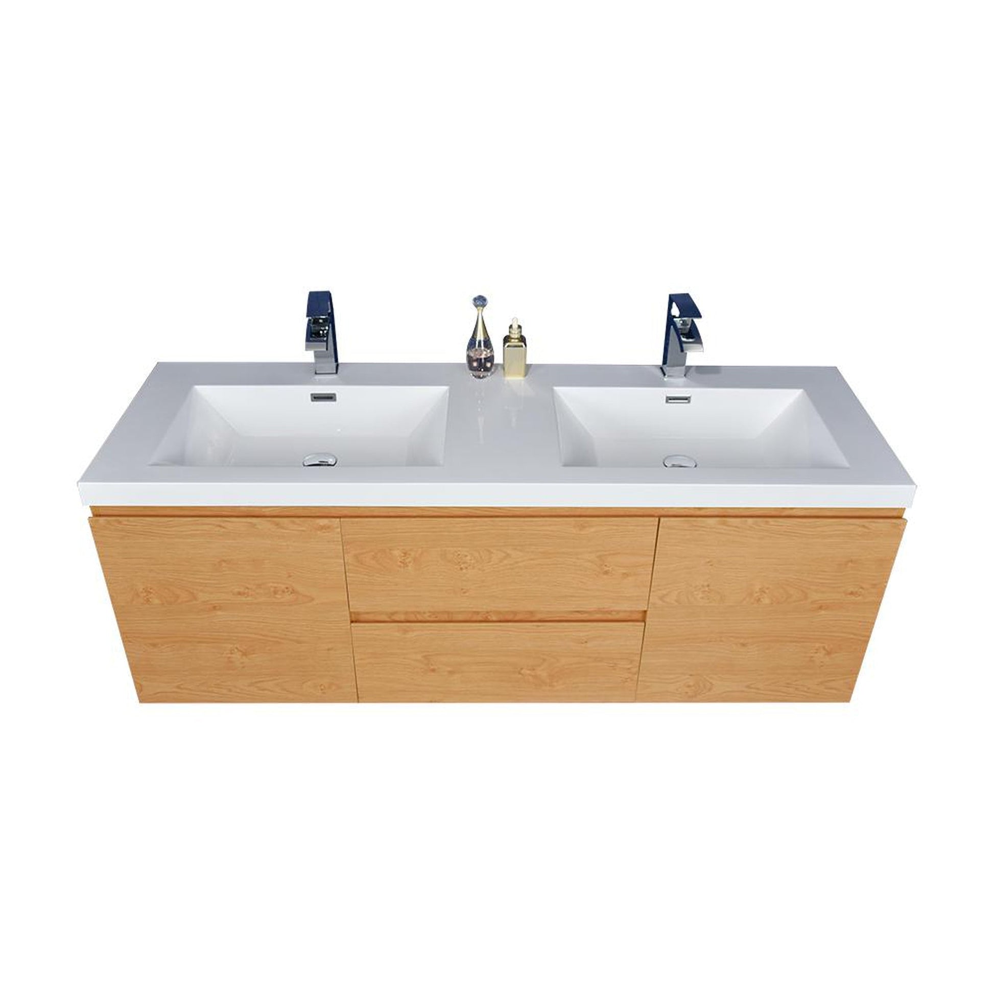 Moreno Bath Bohemia Lina 60" New England Oak Wall-Mounted Vanity With Double Reinforced White Acrylic Sinks