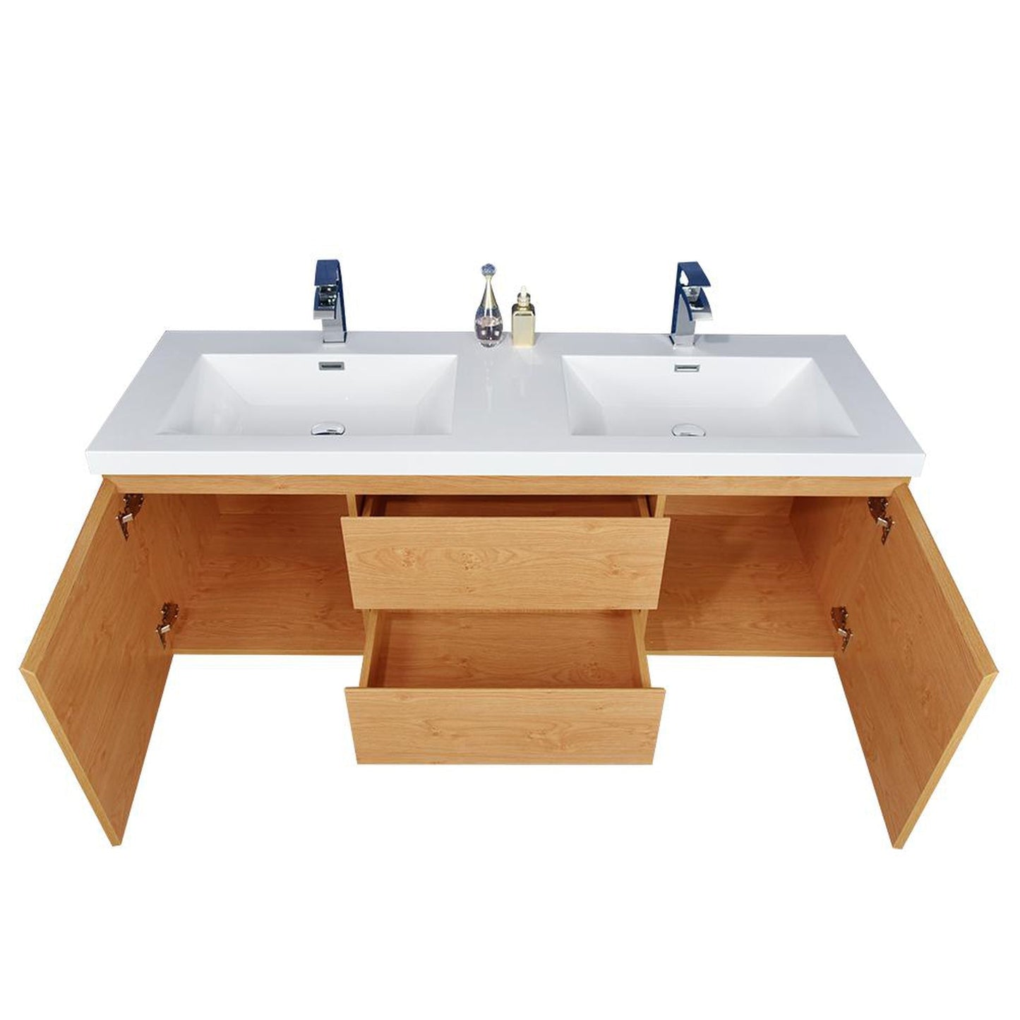 Moreno Bath Bohemia Lina 60" New England Oak Wall-Mounted Vanity With Double Reinforced White Acrylic Sinks