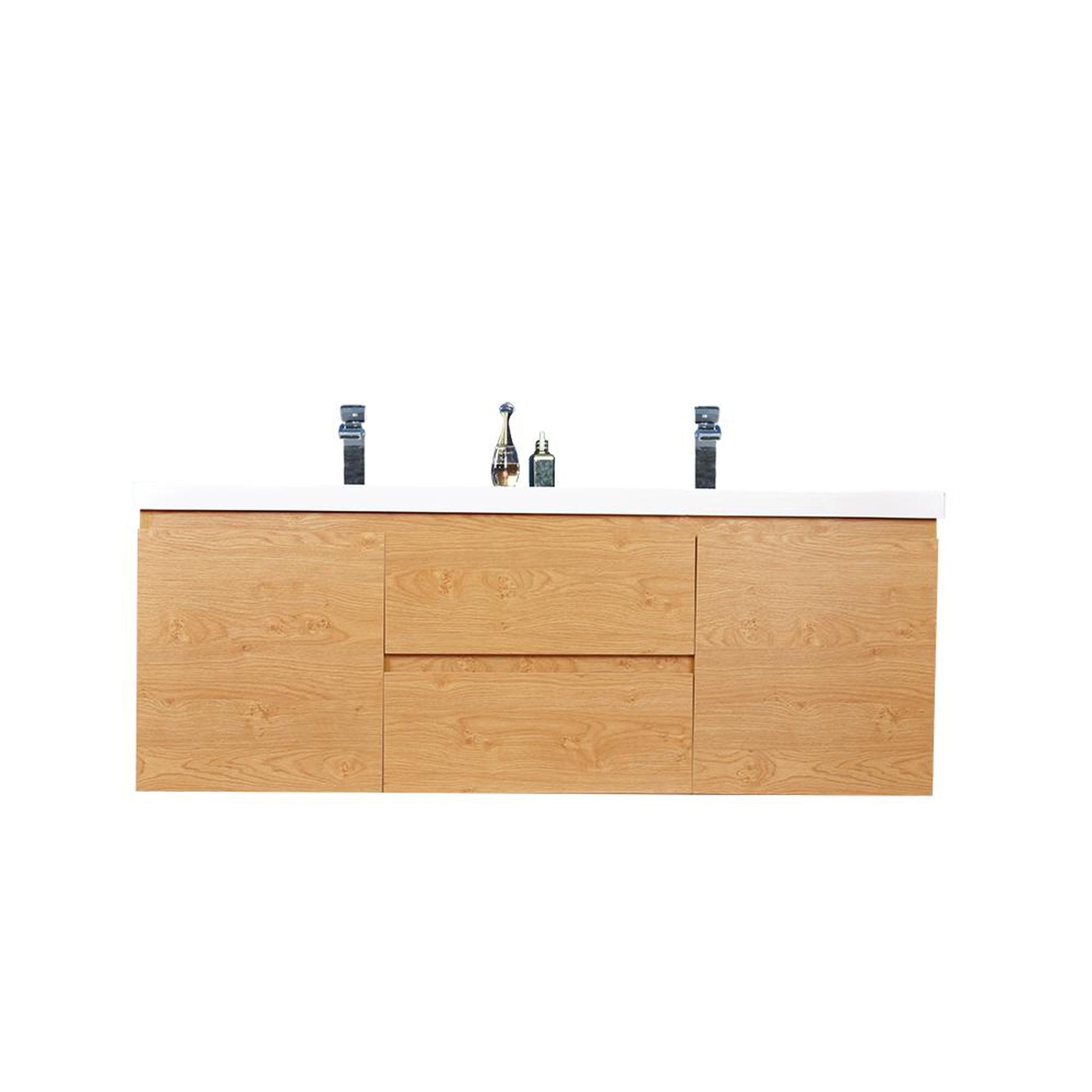 Moreno Bath Bohemia Lina 60" New England Oak Wall-Mounted Vanity With Double Reinforced White Acrylic Sinks