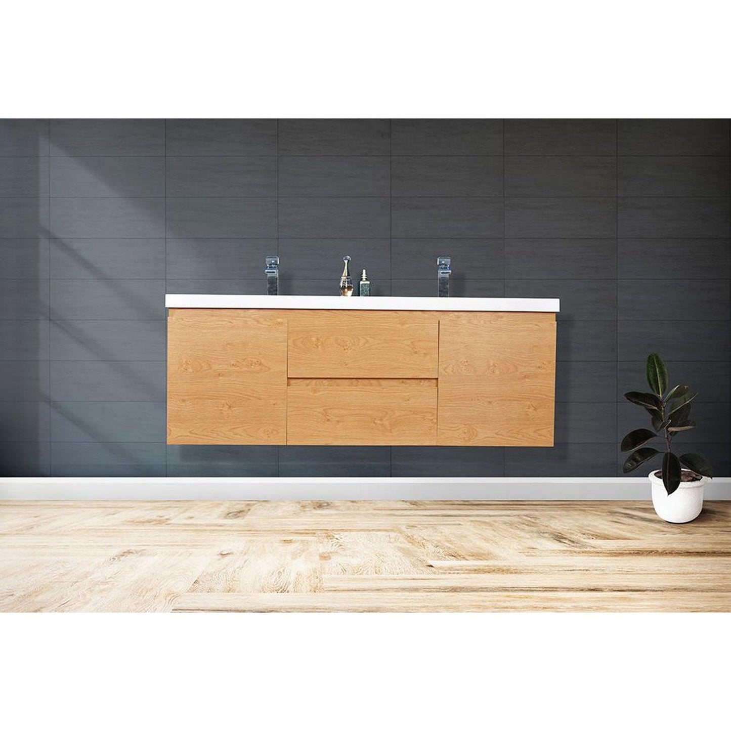 Moreno Bath Bohemia Lina 60" New England Oak Wall-Mounted Vanity With Double Reinforced White Acrylic Sinks