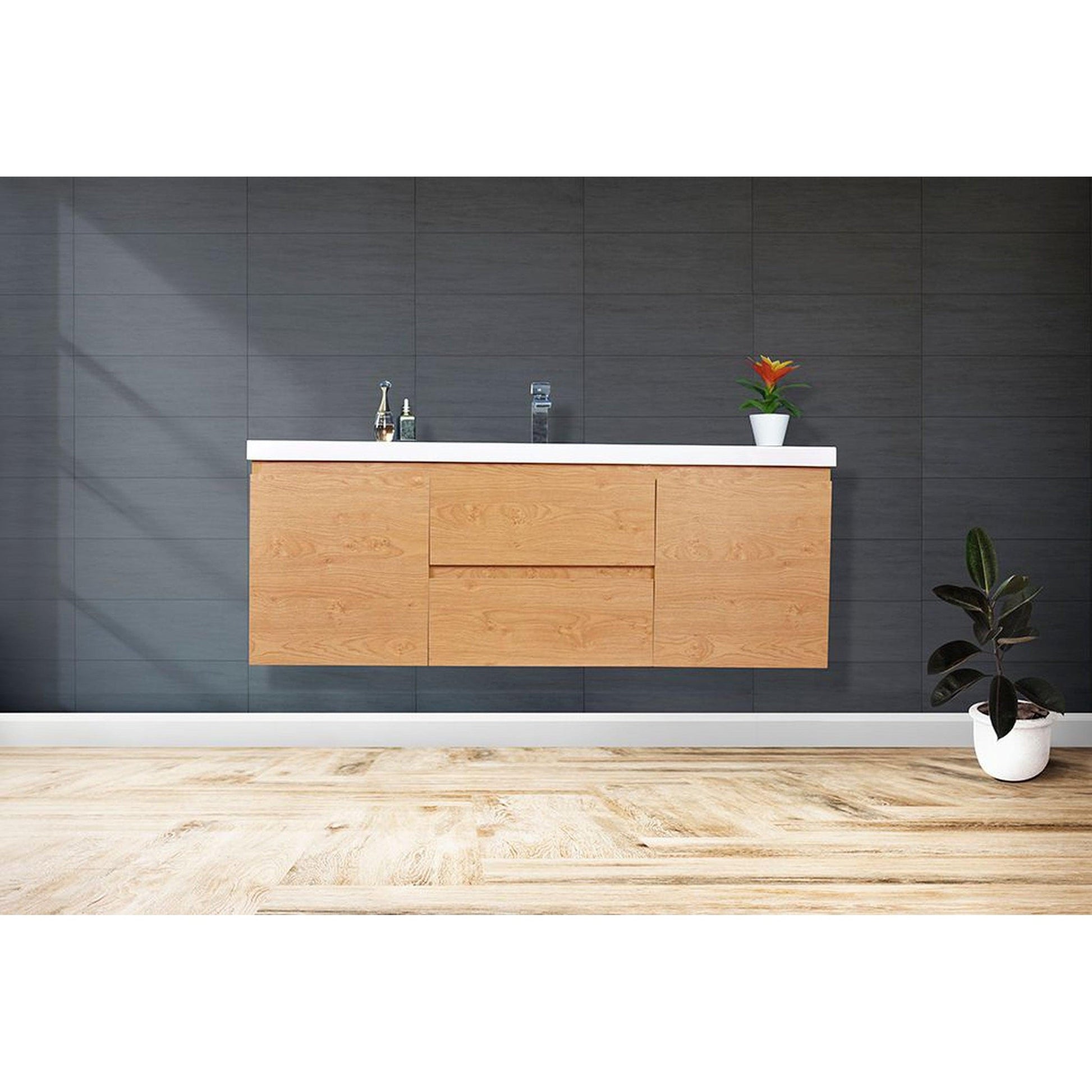 Moreno Bath Bohemia Lina 60" New England Oak Wall-Mounted Vanity With Single Reinforced White Acrylic Sink