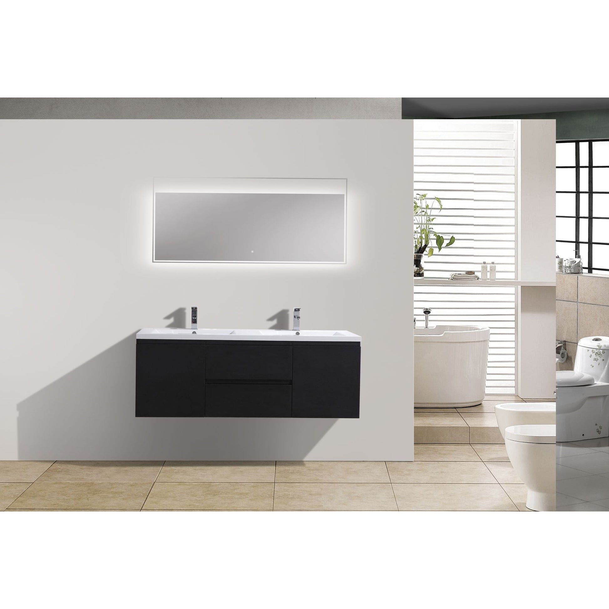 Moreno Bath Bohemia Lina 60" Rich Black Wall-Mounted Vanity With Double Reinforced White Acrylic Sinks