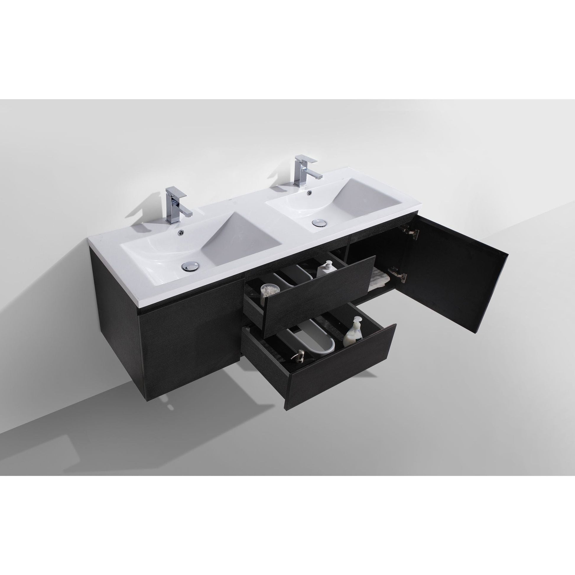 Moreno Bath Bohemia Lina 60" Rich Black Wall-Mounted Vanity With Double Reinforced White Acrylic Sinks
