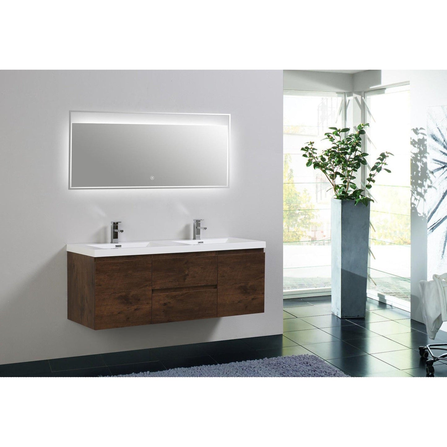 Moreno Bath Bohemia Lina 60" Rosewood Wall-Mounted Vanity With Double Reinforced White Acrylic Sinks