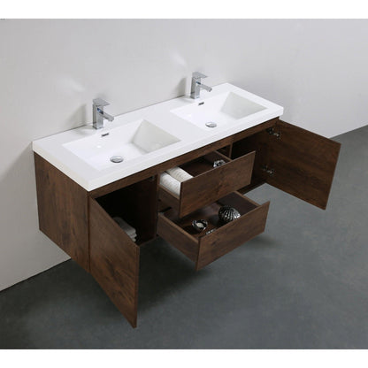 Moreno Bath Bohemia Lina 60" Rosewood Wall-Mounted Vanity With Double Reinforced White Acrylic Sinks