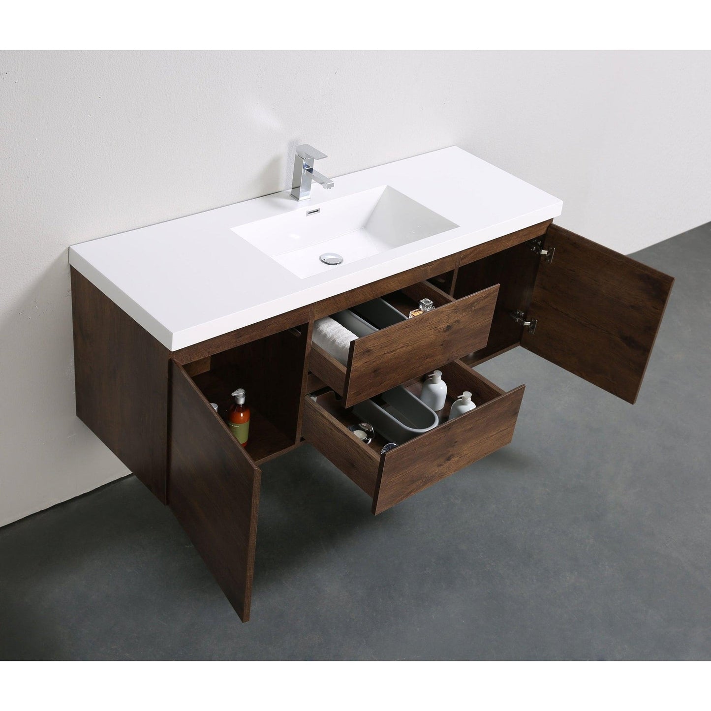 Moreno Bath Bohemia Lina 60" Rosewood Wall-Mounted Vanity With Single Reinforced White Acrylic Sink